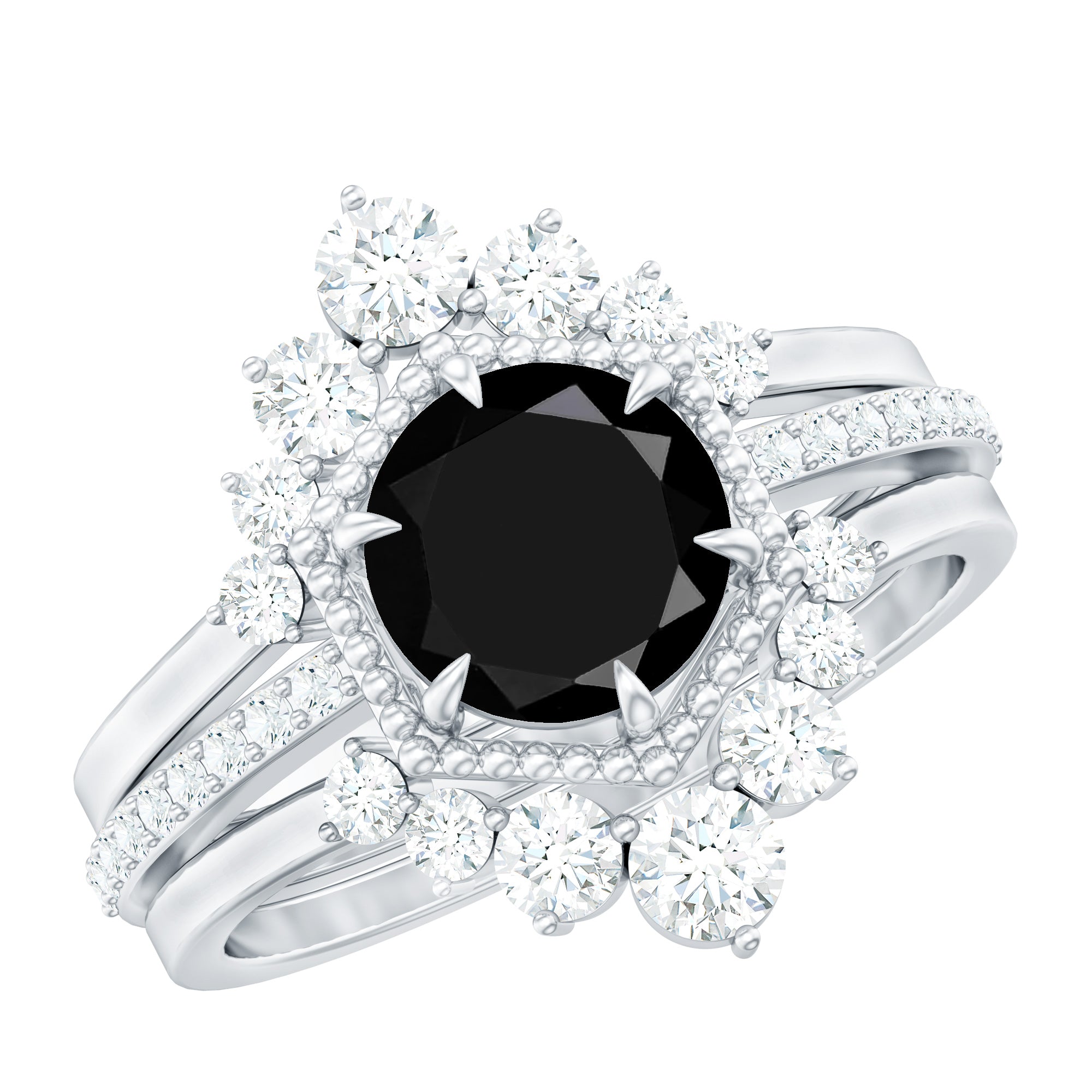 Vintage Inspired Black Spinel Wedding Ring Set with Moissanite Enhancers