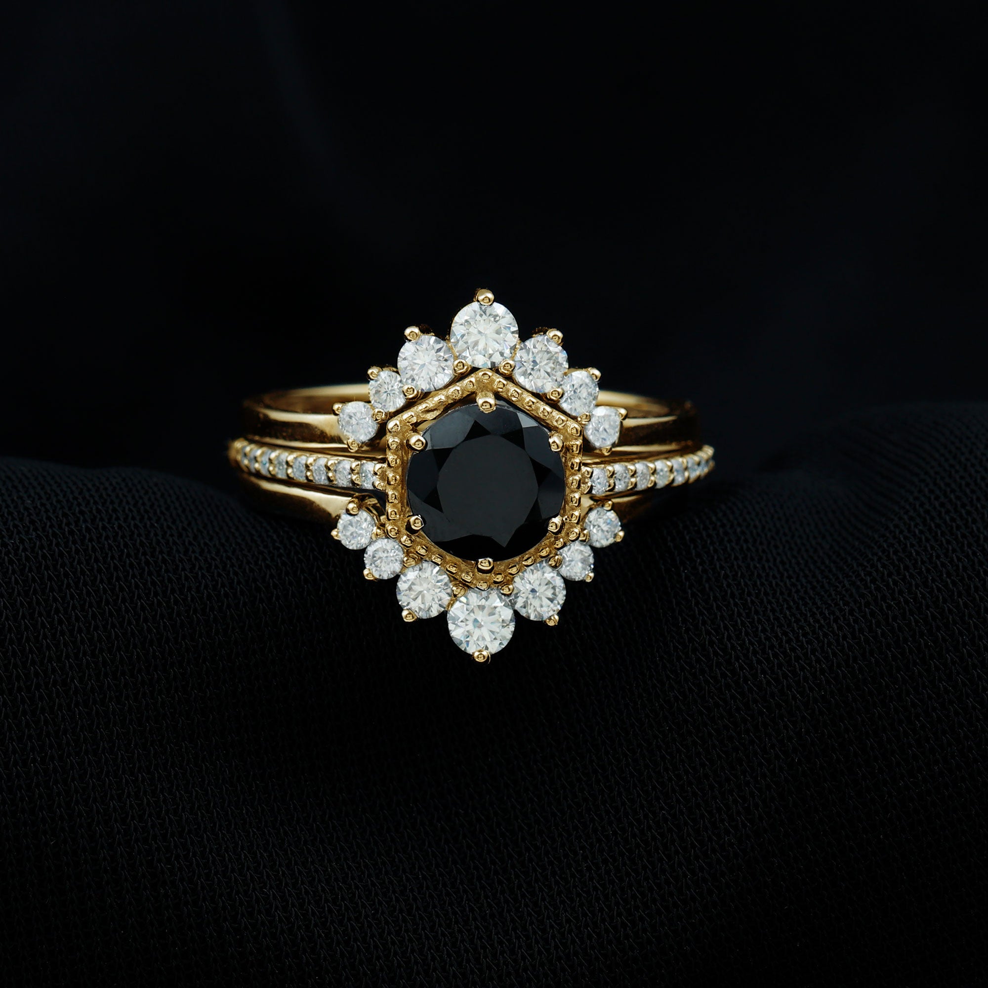 2.6 Carat Vintage Style Black Spinel 3 Piece Ring Set with Moissanite AAA - Rosec Jewels