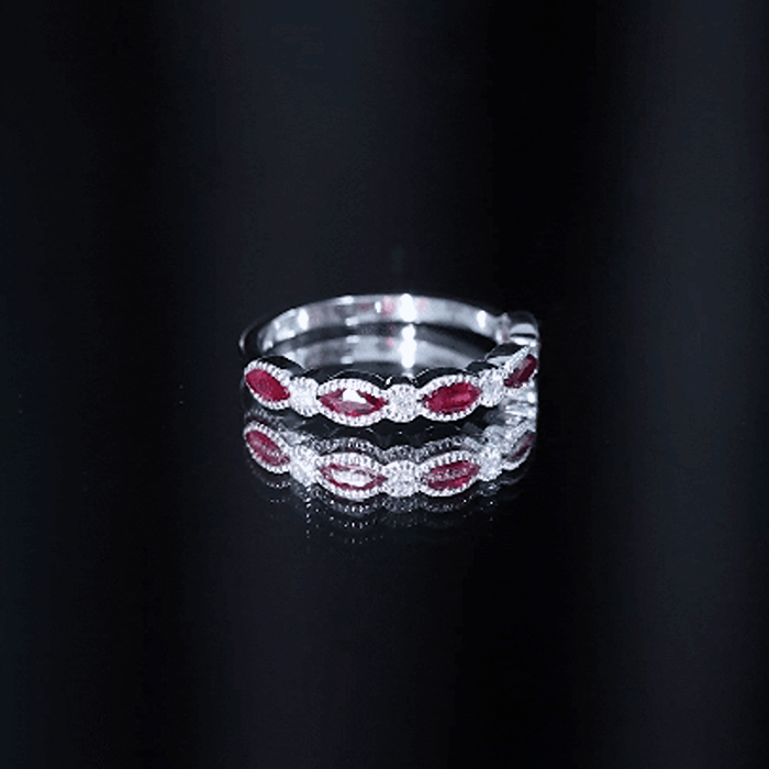 Certified Marquise Ruby Half Eternity Ring with Lab Diamond AAA - Rosec Jewels