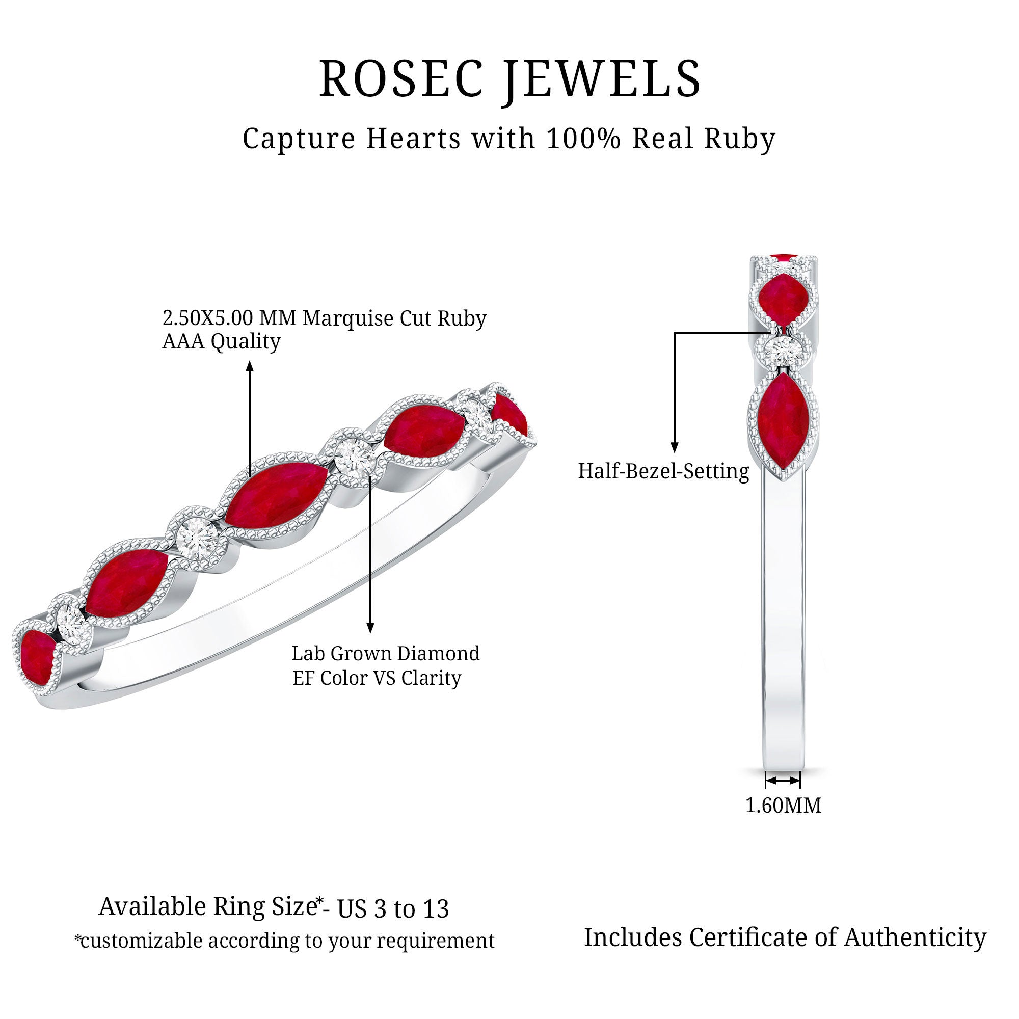Certified Marquise Ruby Half Eternity Ring with Lab Diamond AAA - Rosec Jewels