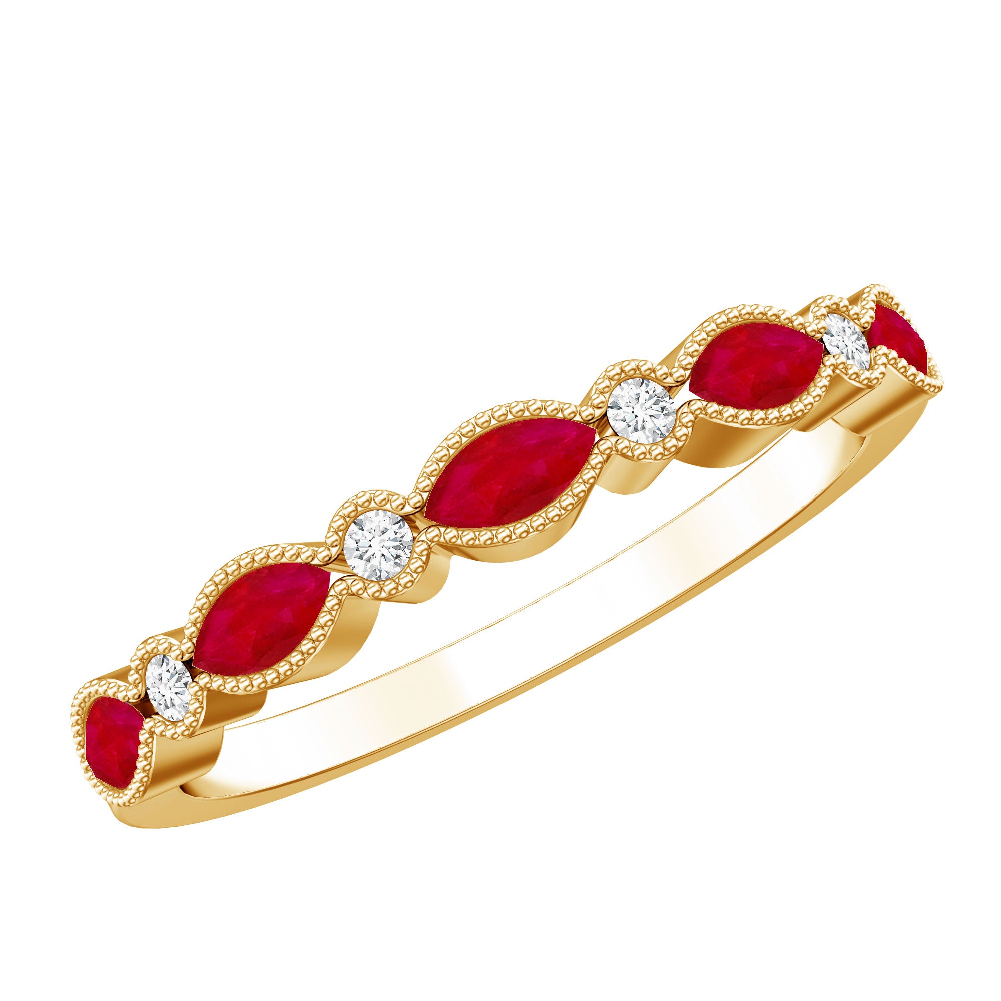Certified Marquise Ruby Half Eternity Ring with Lab Diamond AAA - Rosec Jewels