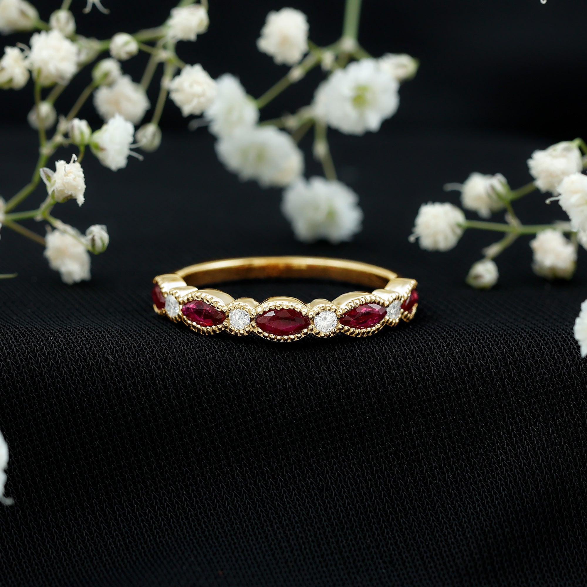 Certified Marquise Ruby Half Eternity Ring with Lab Diamond AAA - Rosec Jewels