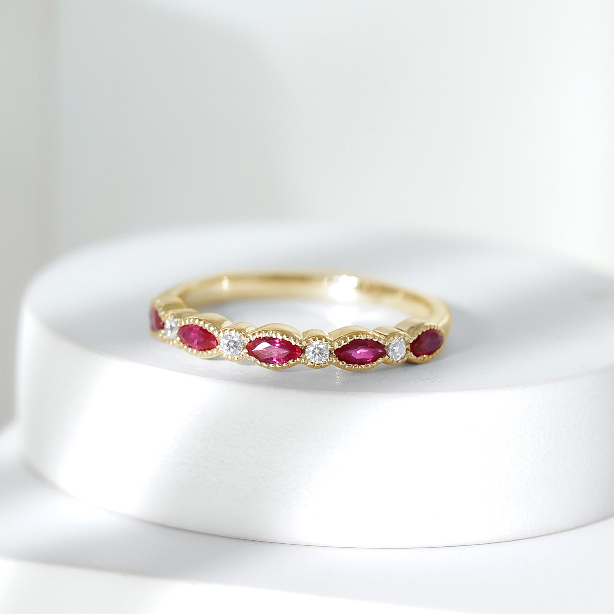 Certified Marquise Ruby Half Eternity Ring with Lab Diamond AAA - Rosec Jewels