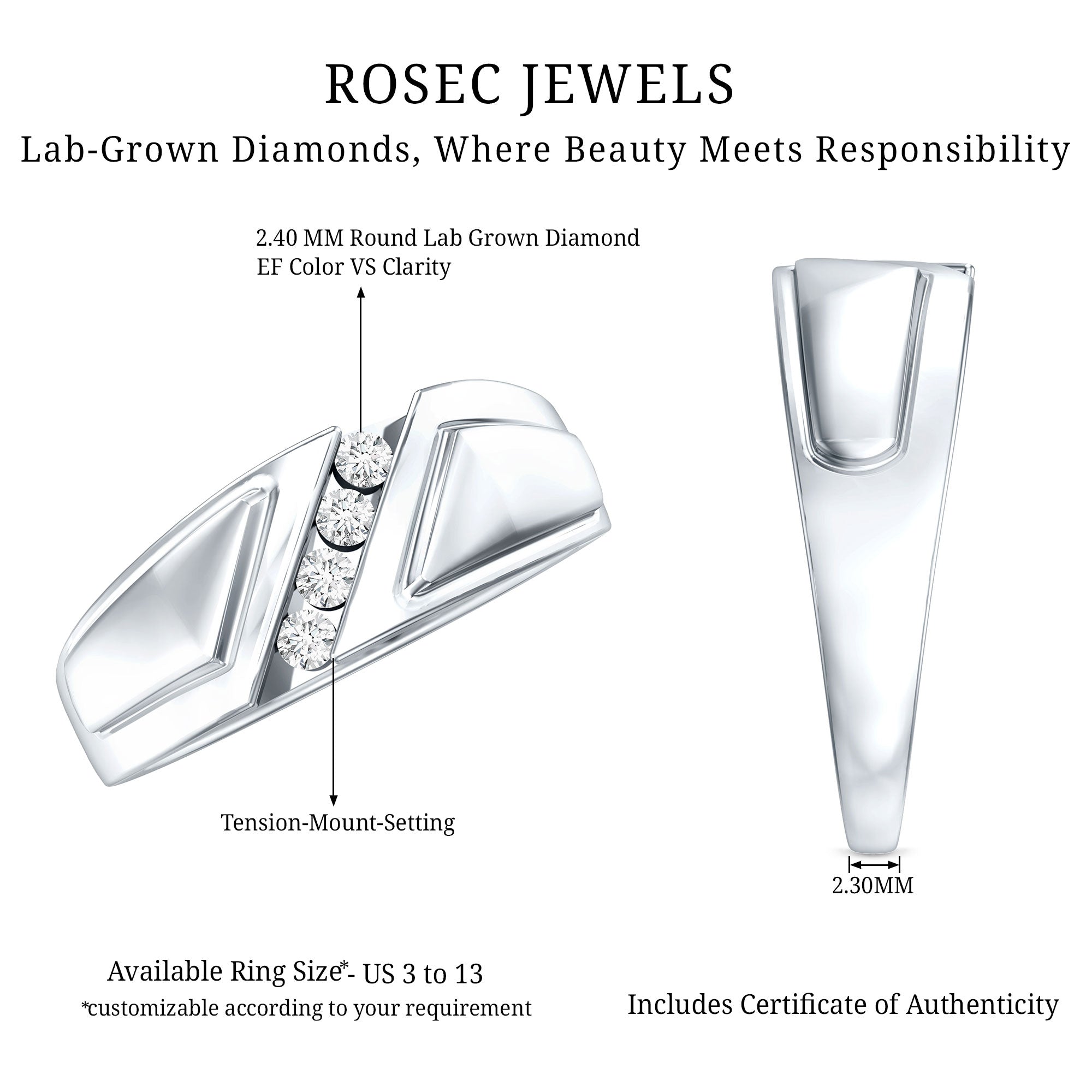 Lab Grown Diamond Mens Wide Wedding Band Lab - ( EF-VS ) - Rosec Jewels