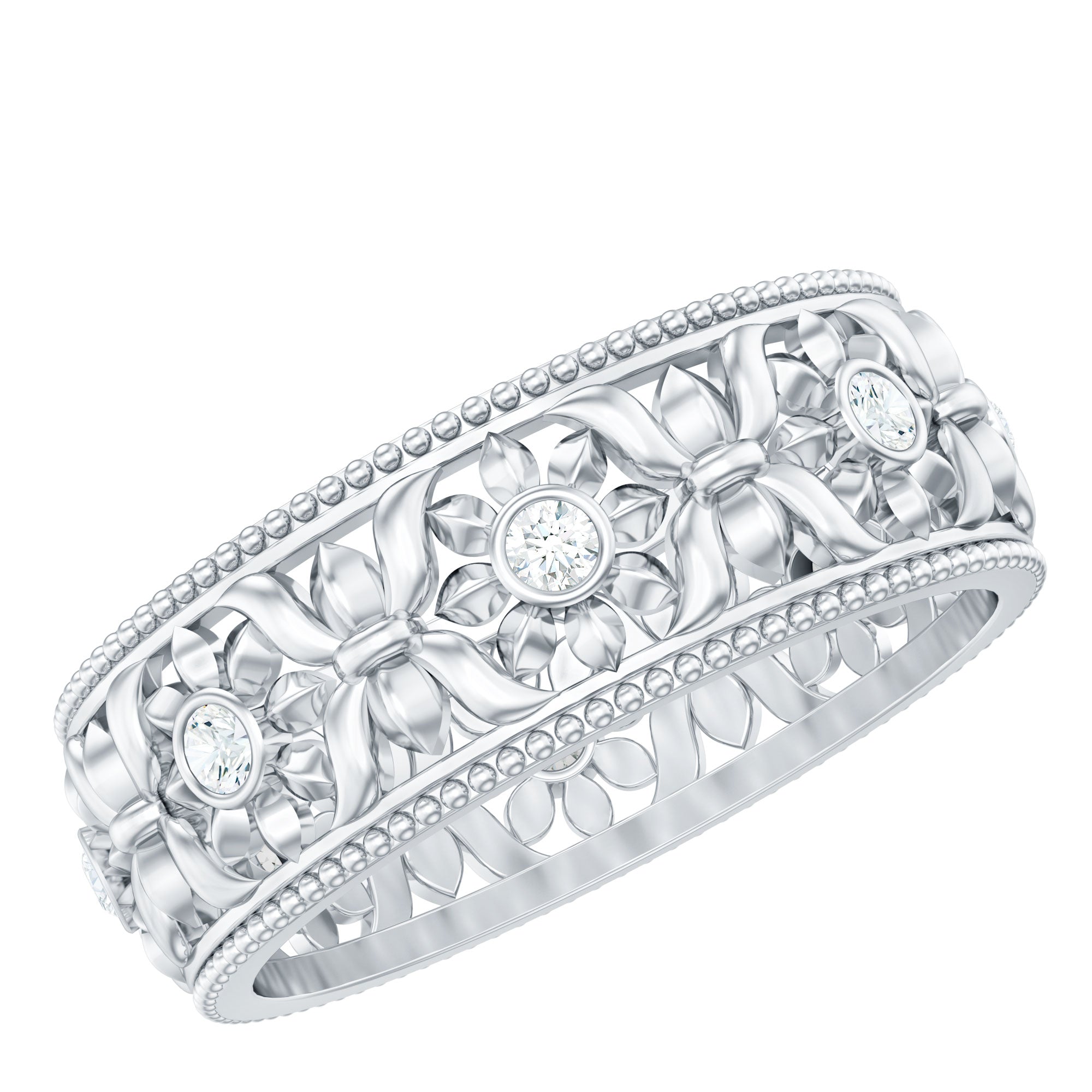 Bezel Set Diamond Flower Filigree Wedding Band Natural - ( HI-SI ) - Rosec Jewels