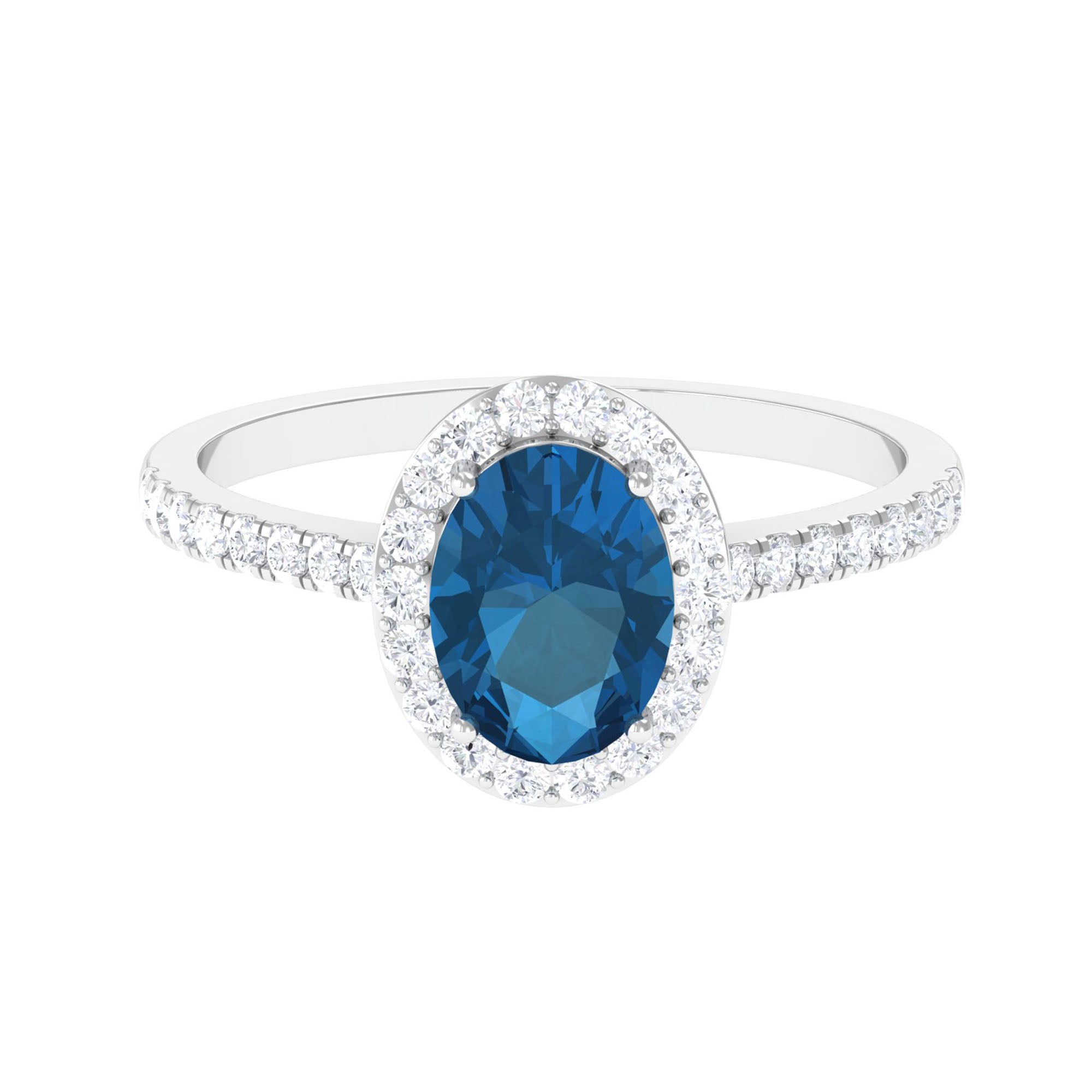 2 CT Oval Cut London Blue Topaz Solitaire Ring with Diamond Halo AAA - Rosec Jewels