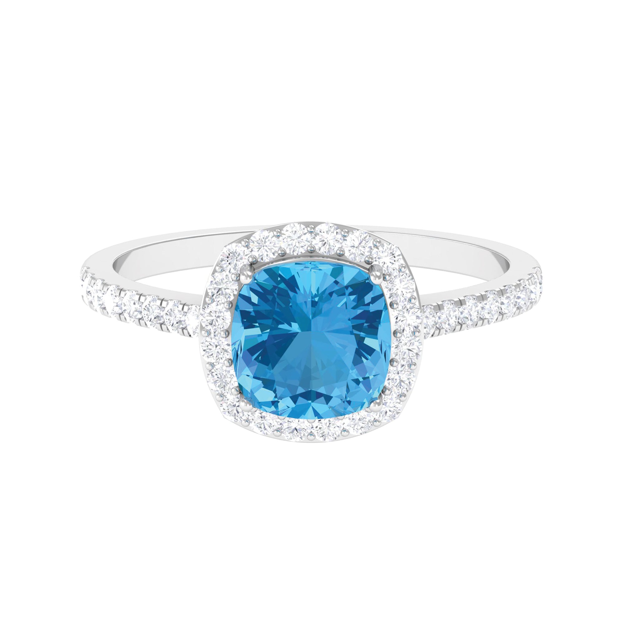 7 MM Cushion Cut Swiss Blue Topaz Solitaire with Diamond Halo Ring