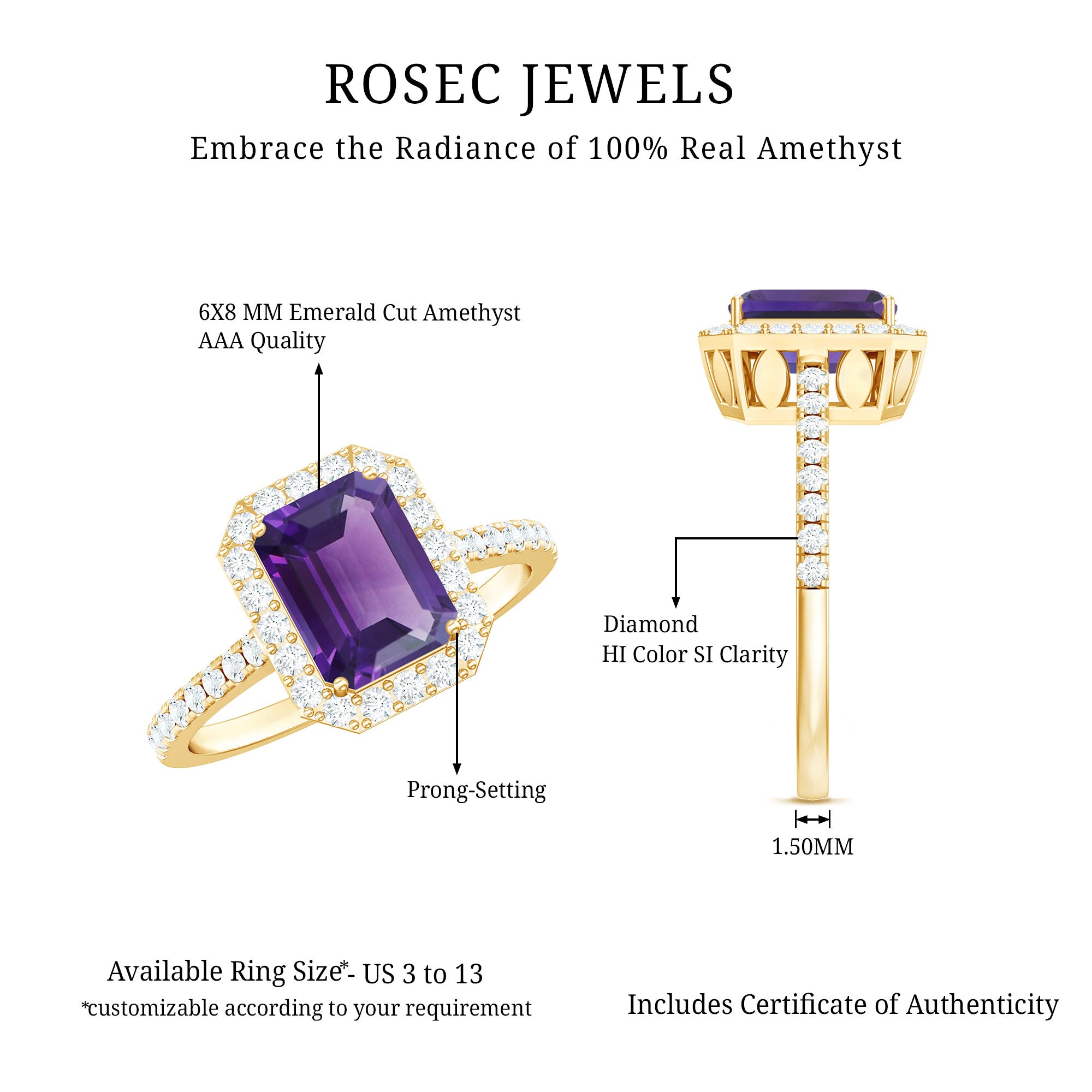 1.4 Carat Amethyst Emerald Cut Engagement Ring with Diamond Halo AAA - Rosec Jewels