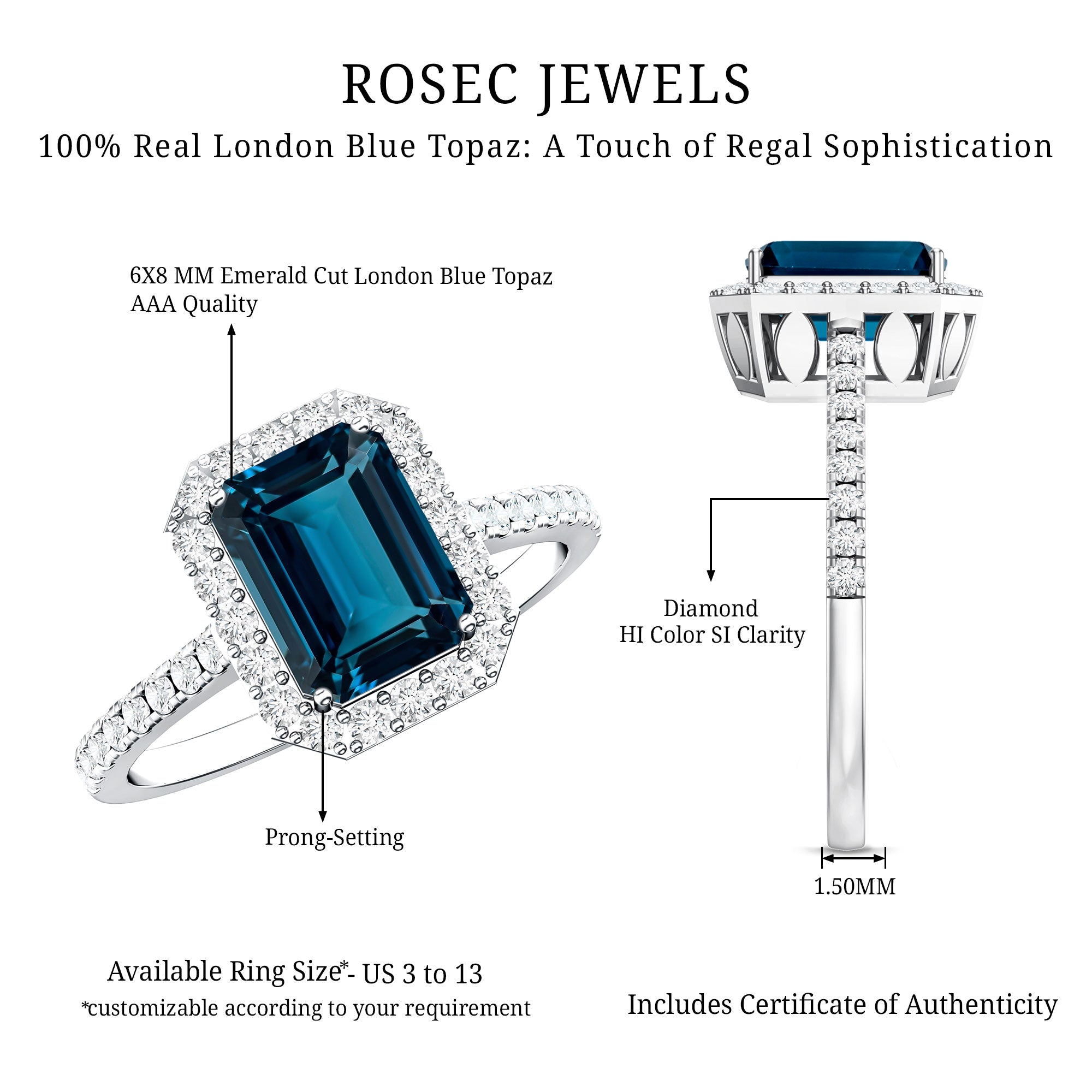 2.2 Carat Emerald Cut London Blue Topaz Engagement Ring with Diamond Halo AAA - Rosec Jewels