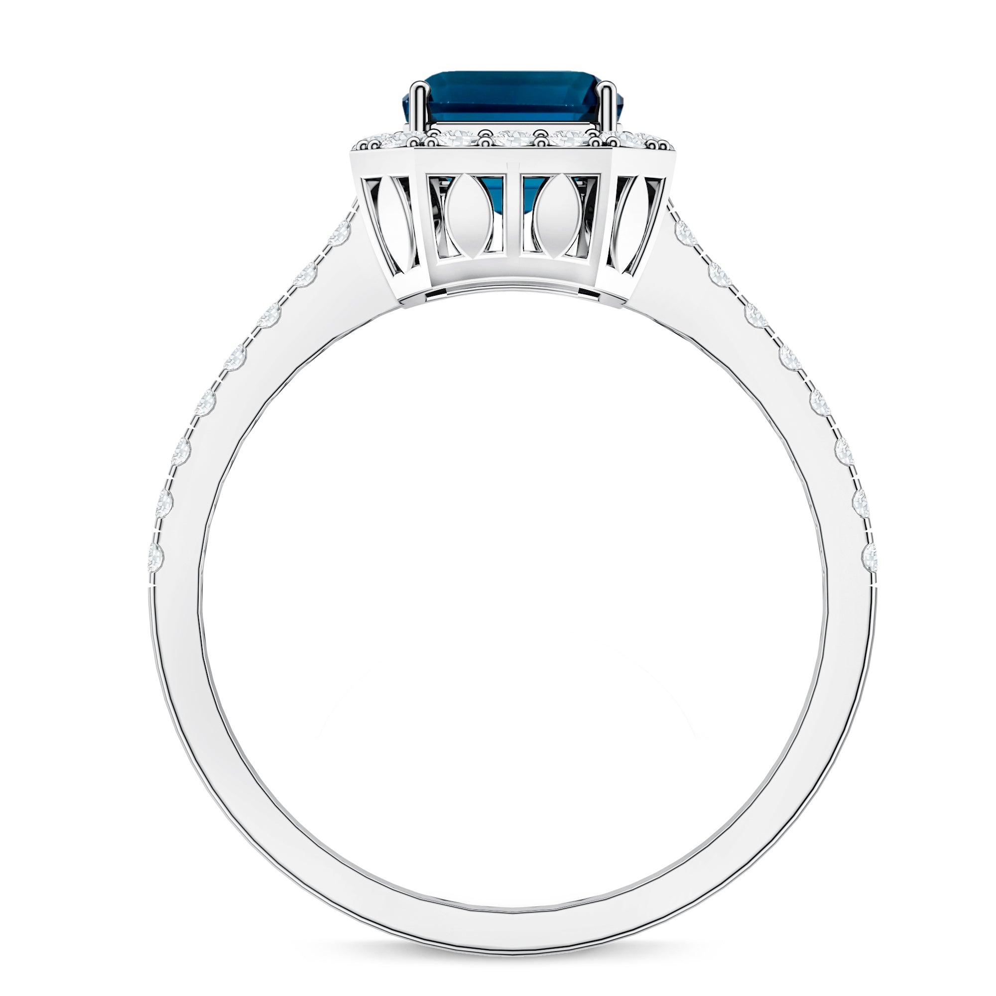 2.2 Carat Emerald Cut London Blue Topaz Engagement Ring with Diamond Halo AAA - Rosec Jewels