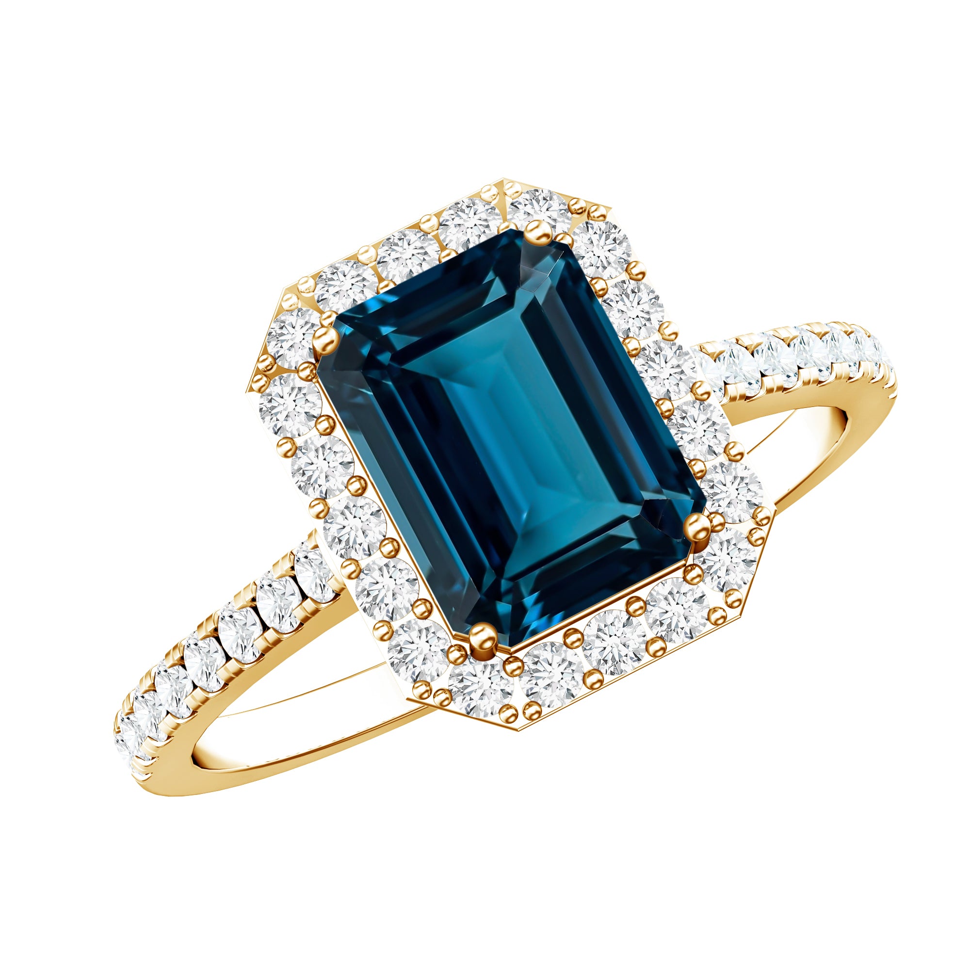 2.2 Carat Emerald Cut London Blue Topaz Engagement Ring with Diamond Halo AAA - Rosec Jewels