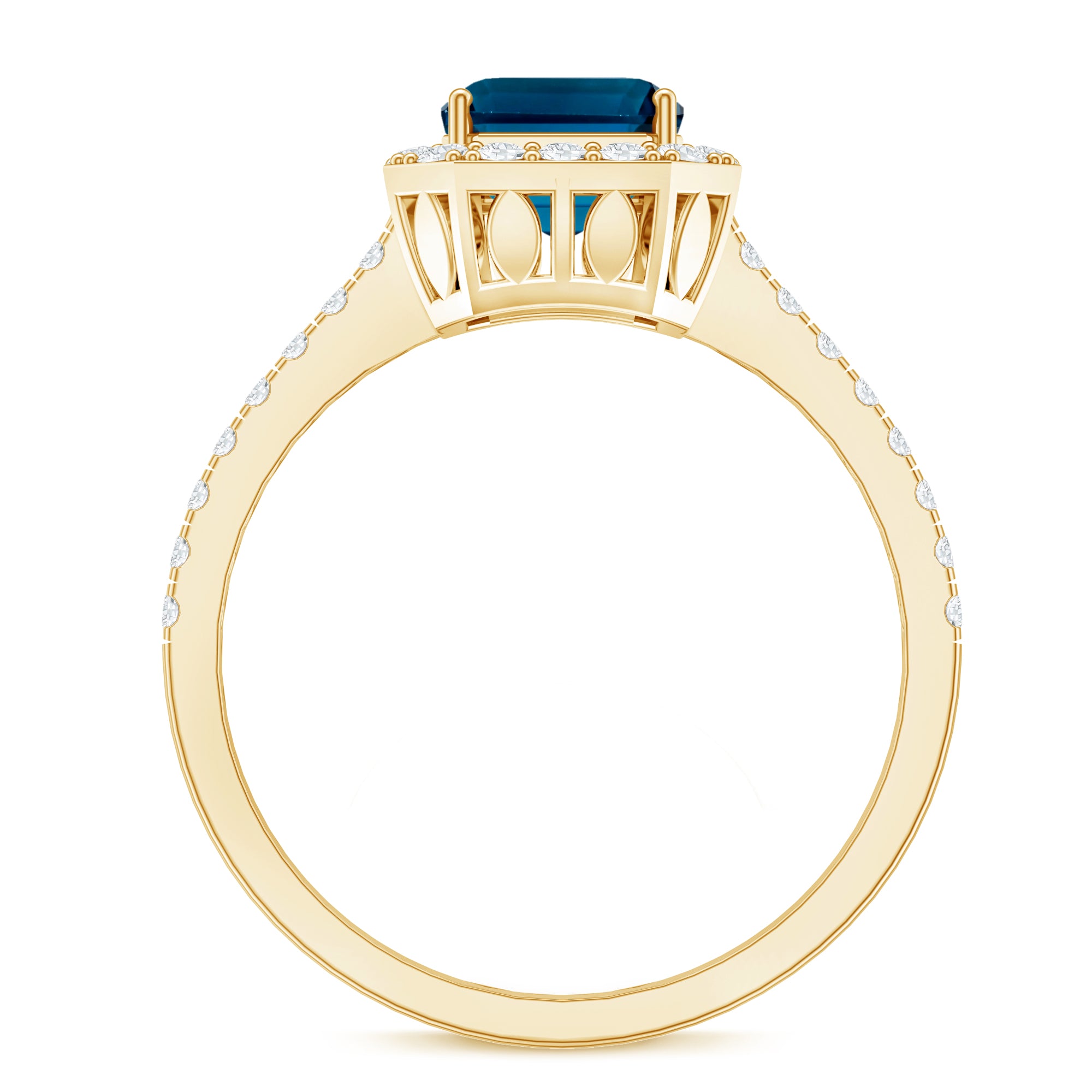2.2 Carat Emerald Cut London Blue Topaz Engagement Ring with Diamond Halo AAA - Rosec Jewels