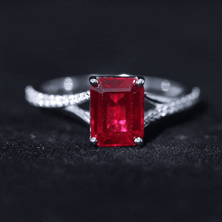 2 Carat Lab Grown Ruby Emerald Cut Engagement Ring with Split Shank AAAA - Rosec Jewels