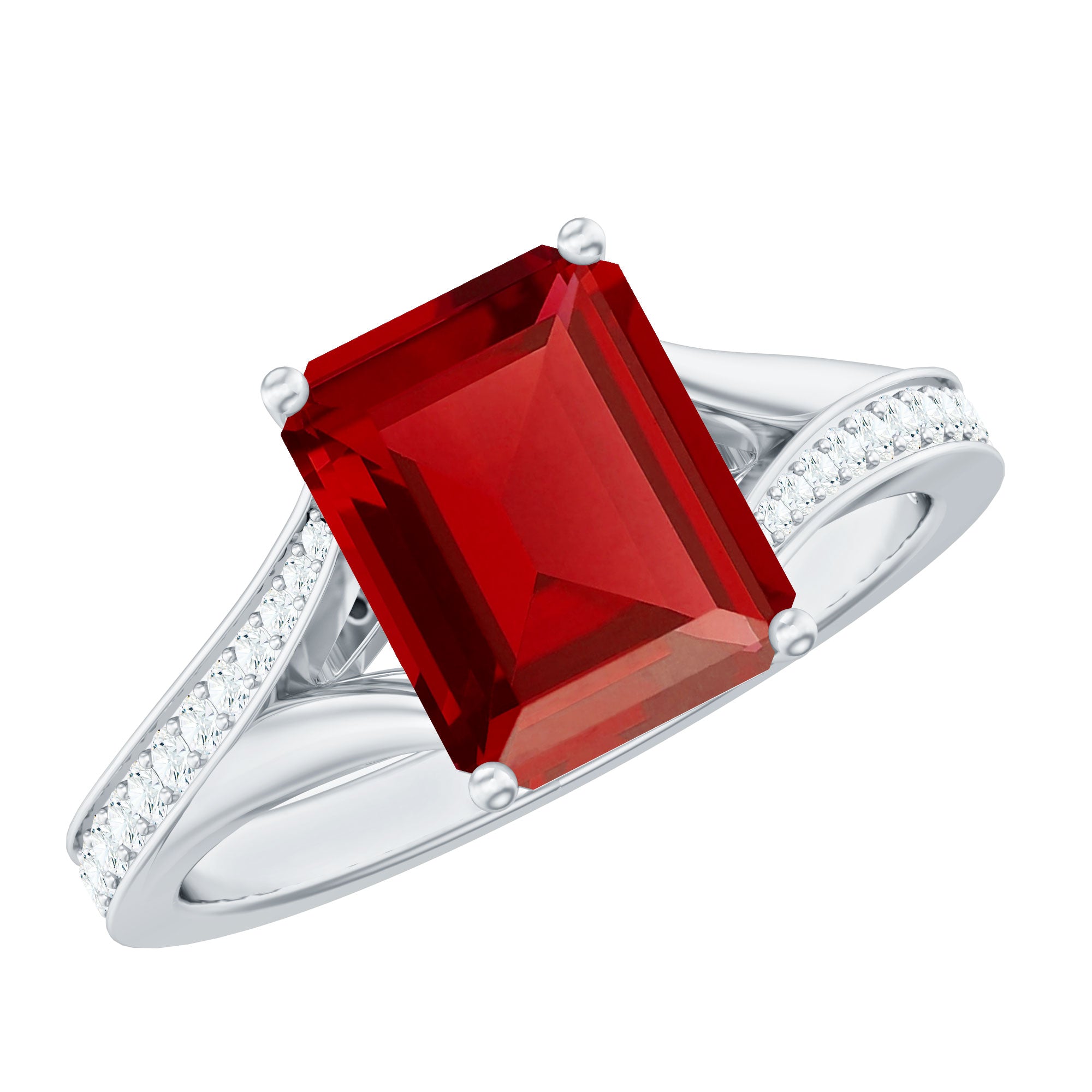 Emerald Cut Lab Grown Ruby and Diamond Ring with Split Shank