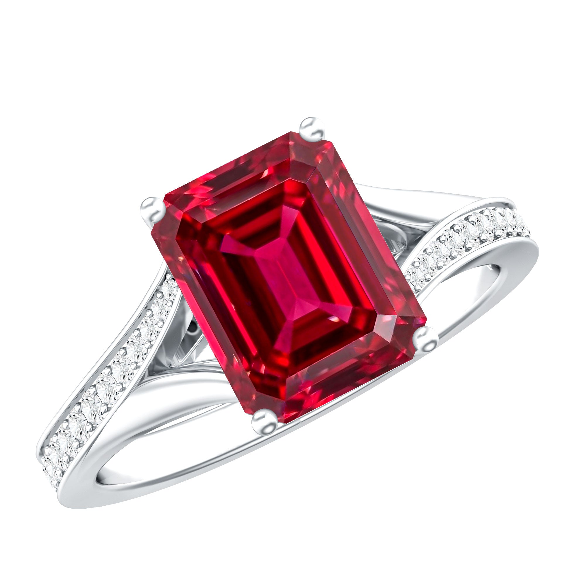 2 Carat Lab Grown Ruby Emerald Cut Engagement Ring with Split Shank AAAA - Rosec Jewels