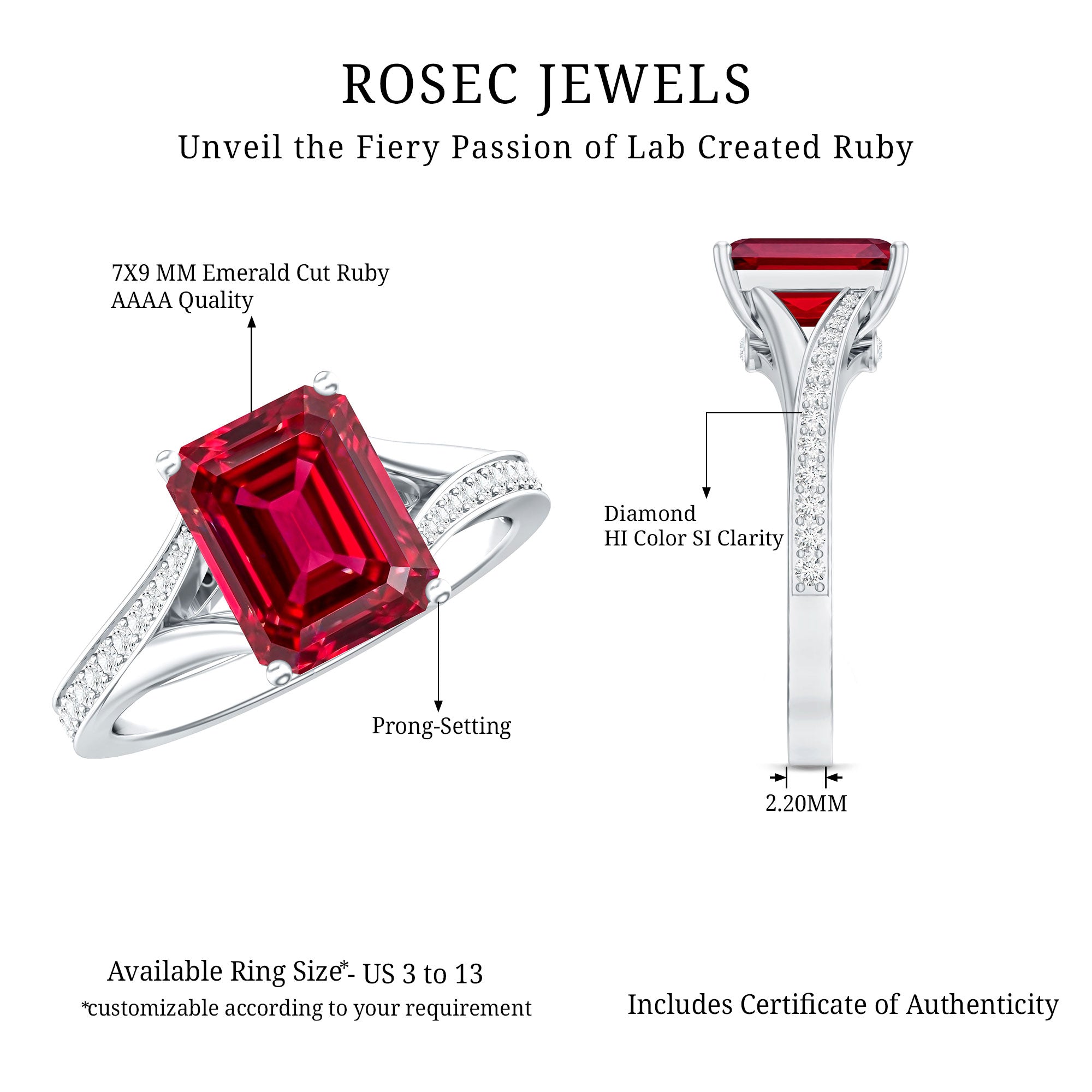 2 Carat Lab Grown Ruby Emerald Cut Engagement Ring with Split Shank AAAA - Rosec Jewels