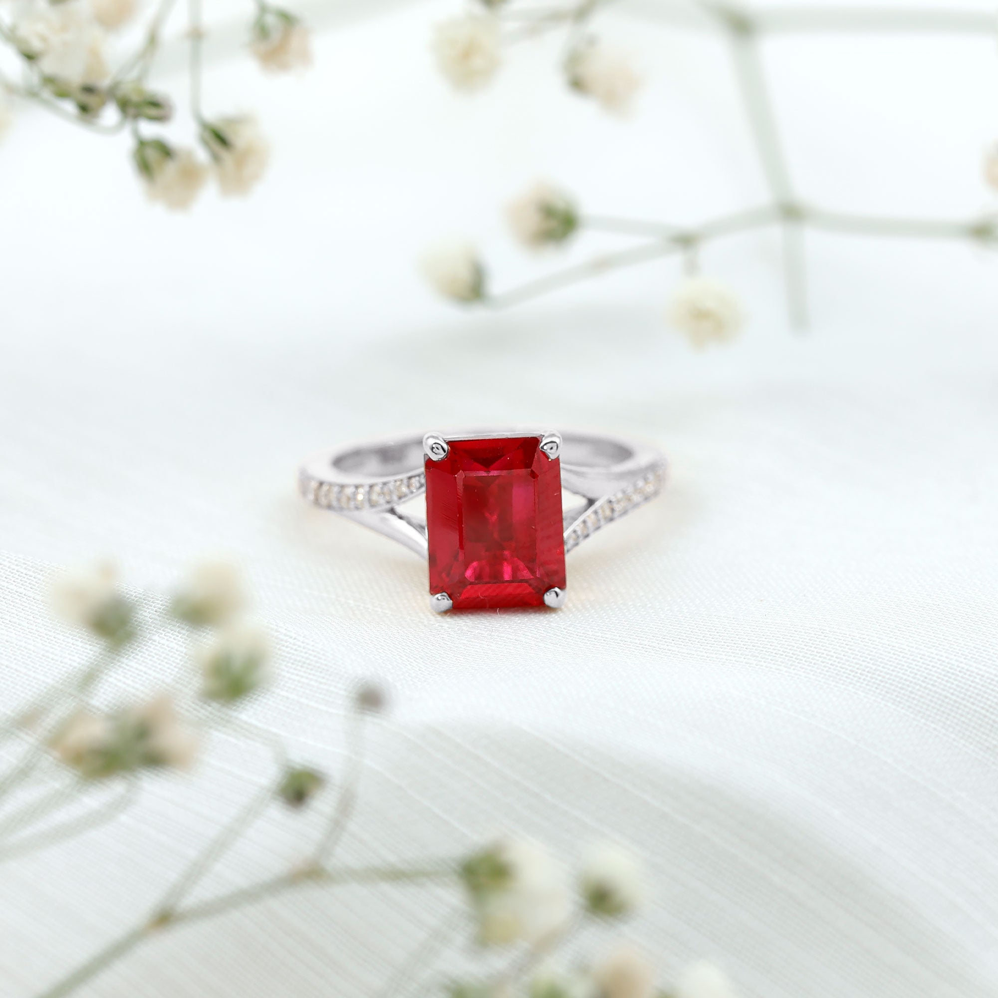 2 Carat Lab Grown Ruby Emerald Cut Engagement Ring with Split Shank AAAA - Rosec Jewels