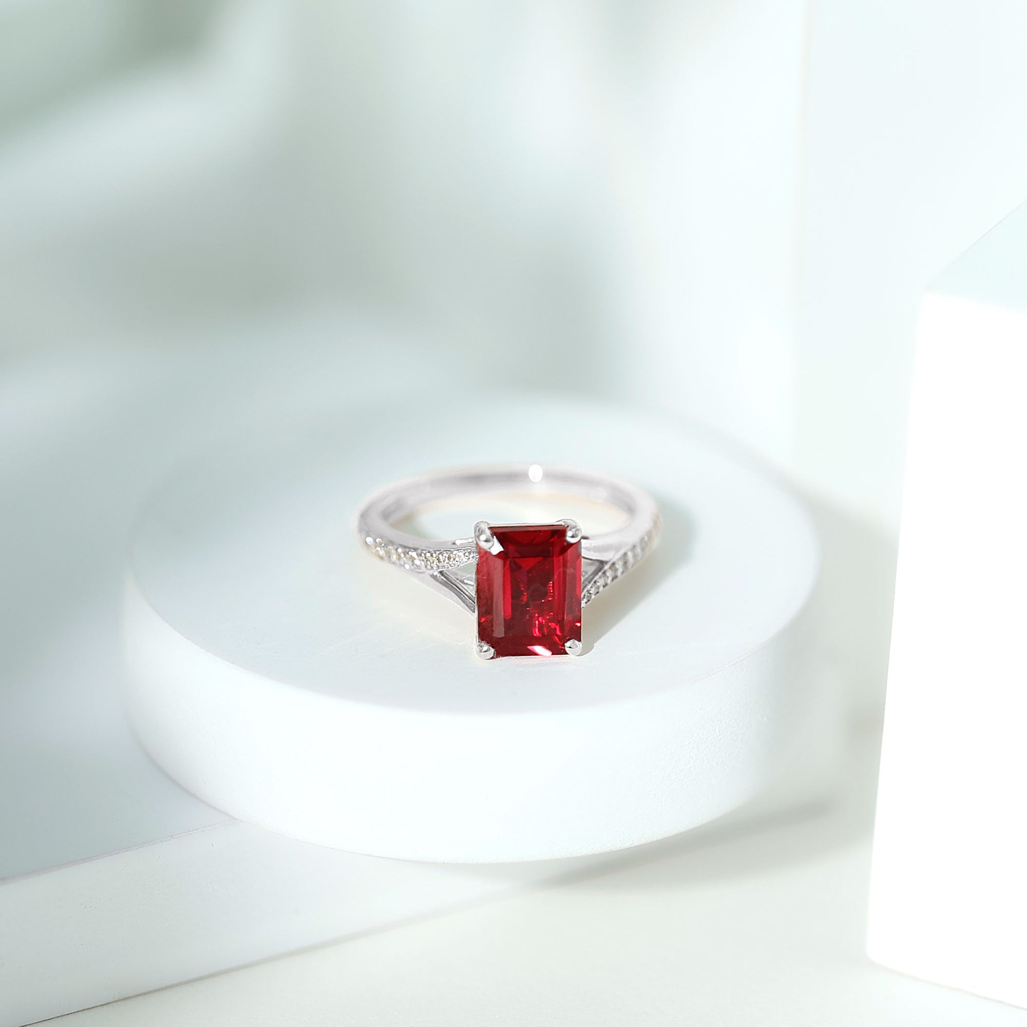 2 Carat Lab Grown Ruby Emerald Cut Engagement Ring with Split Shank AAAA - Rosec Jewels