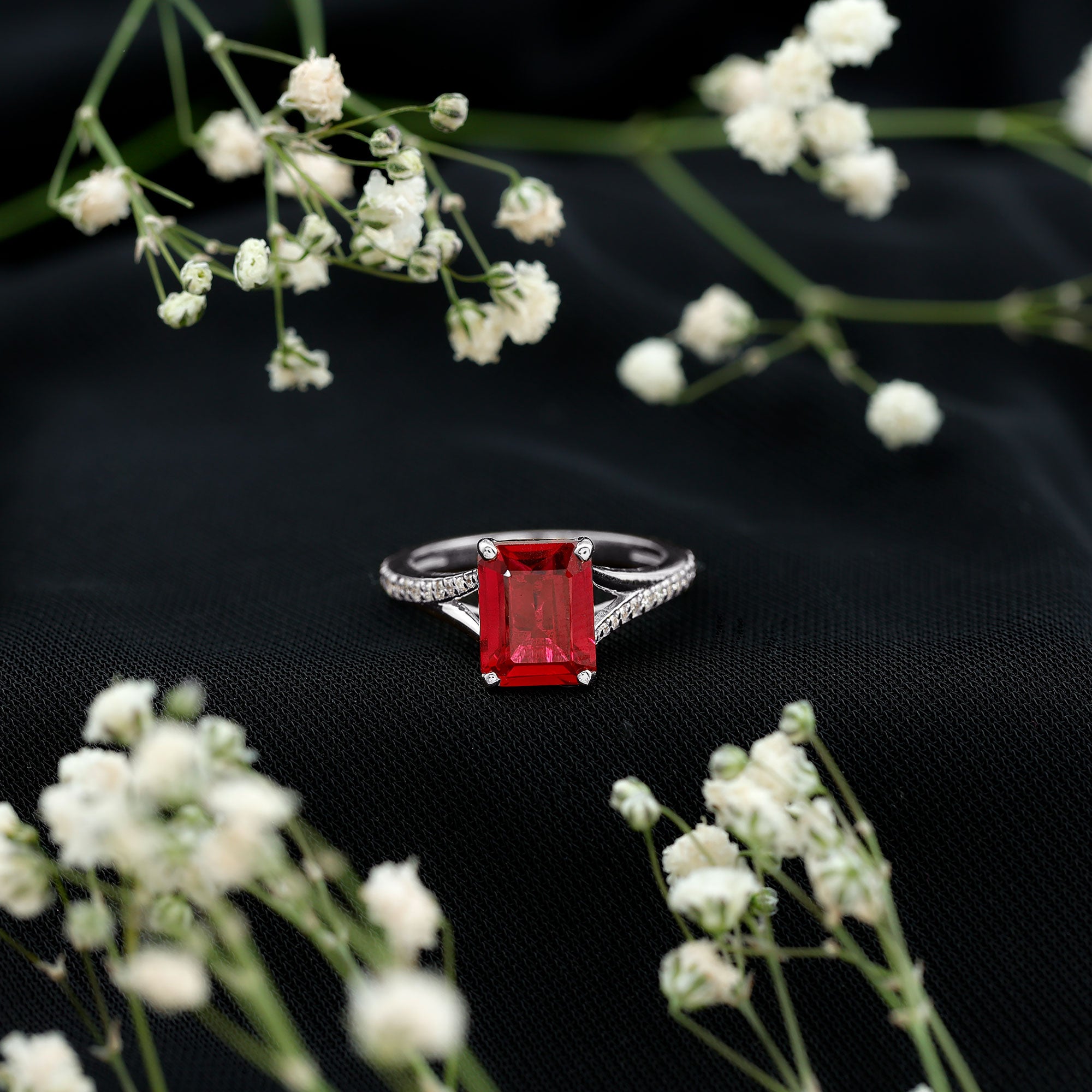 2 Carat Lab Grown Ruby Emerald Cut Engagement Ring with Split Shank AAAA - Rosec Jewels
