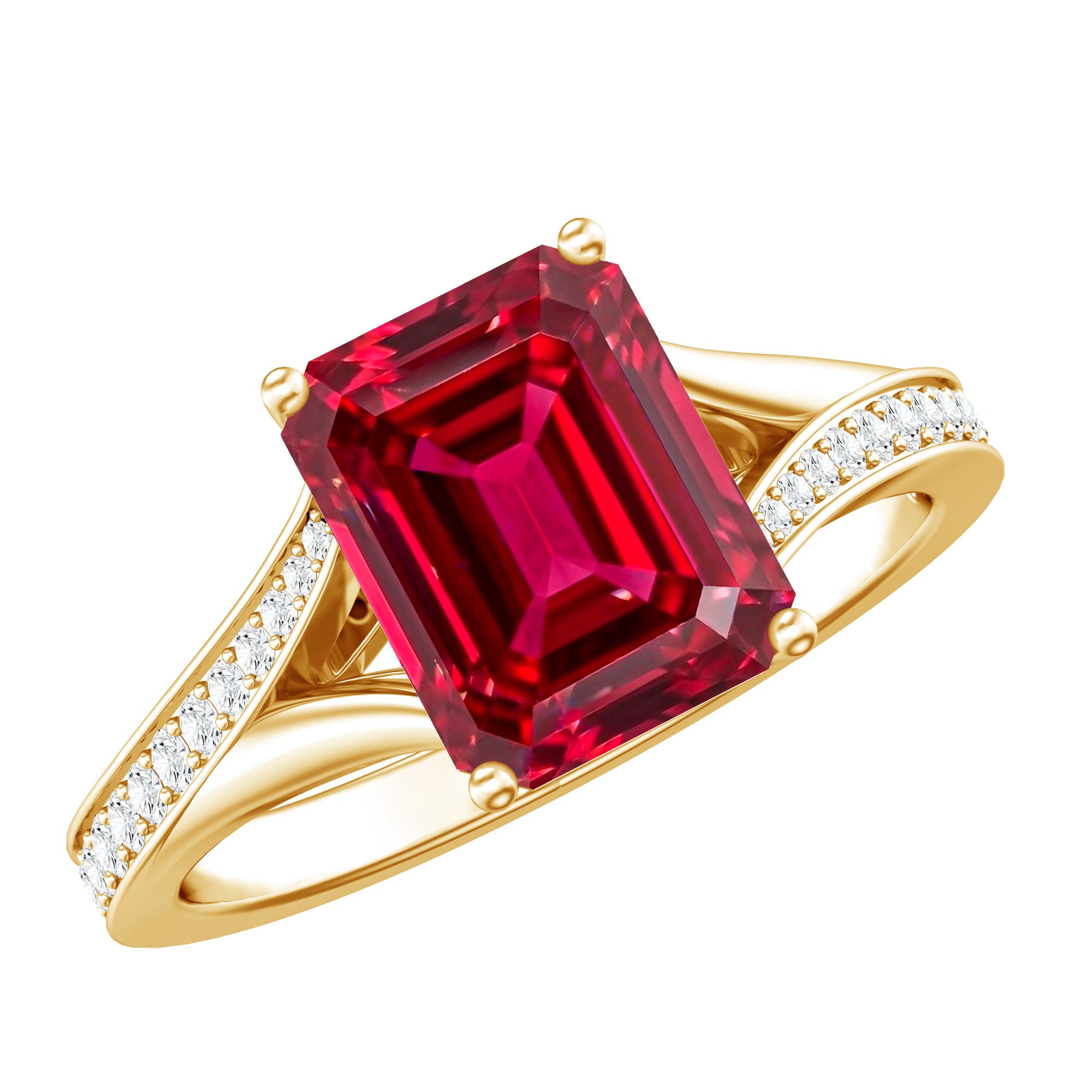 2 Carat Lab Grown Ruby Emerald Cut Engagement Ring with Split Shank AAAA - Rosec Jewels