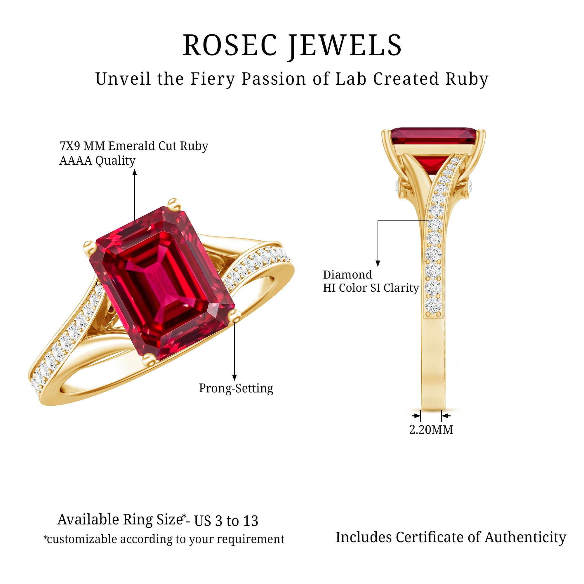 2 Carat Lab Grown Ruby Emerald Cut Engagement Ring with Split Shank AAAA - Rosec Jewels