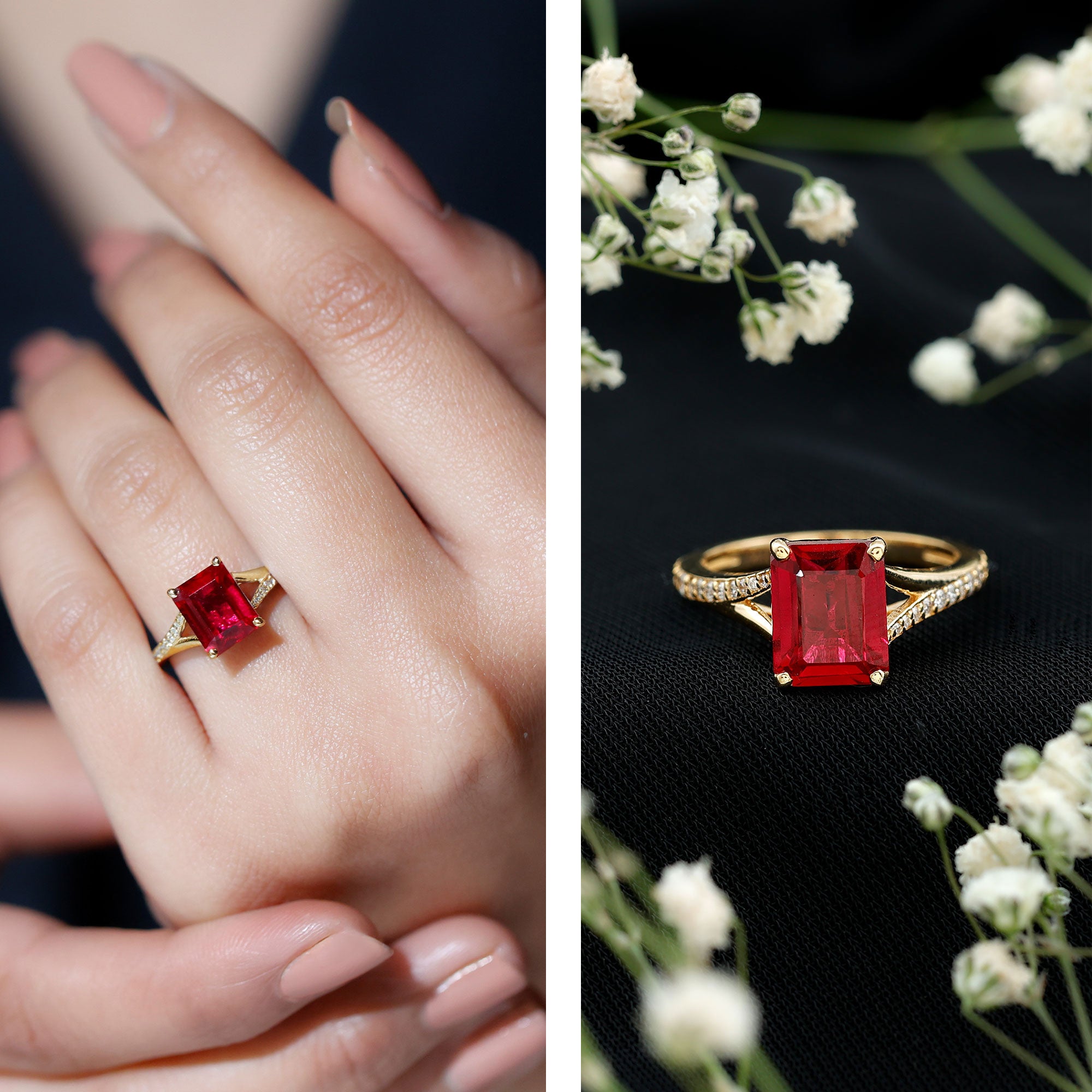 2 Carat Lab Grown Ruby Emerald Cut Engagement Ring with Split Shank AAAA - Rosec Jewels