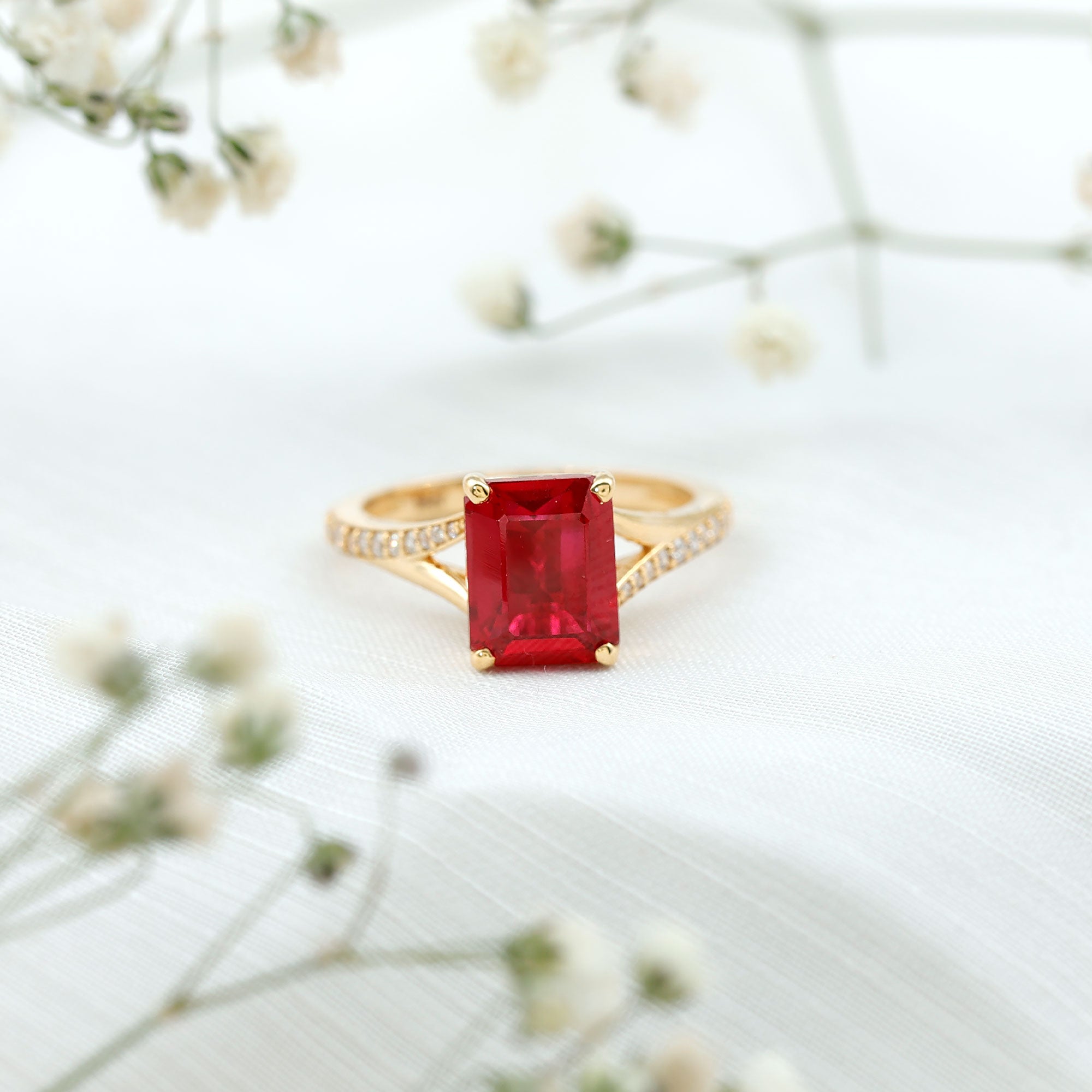 2 Carat Lab Grown Ruby Emerald Cut Engagement Ring with Split Shank AAAA - Rosec Jewels