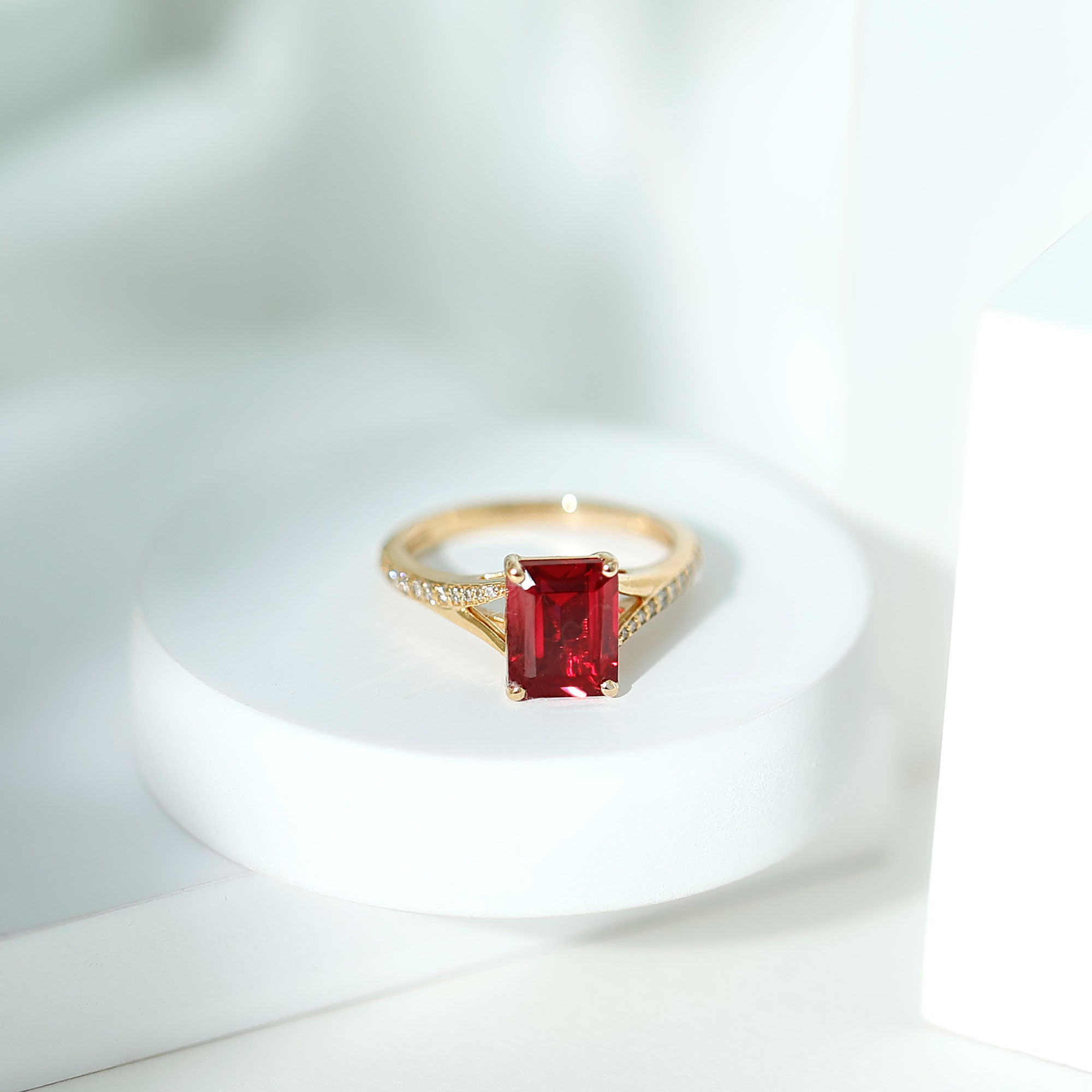 2 Carat Lab Grown Ruby Emerald Cut Engagement Ring with Split Shank AAAA - Rosec Jewels