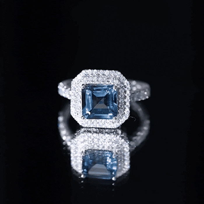 3 Carat Asscher Cut London Blue Topaz Engagement Ring with Double Halo AAA - Rosec Jewels