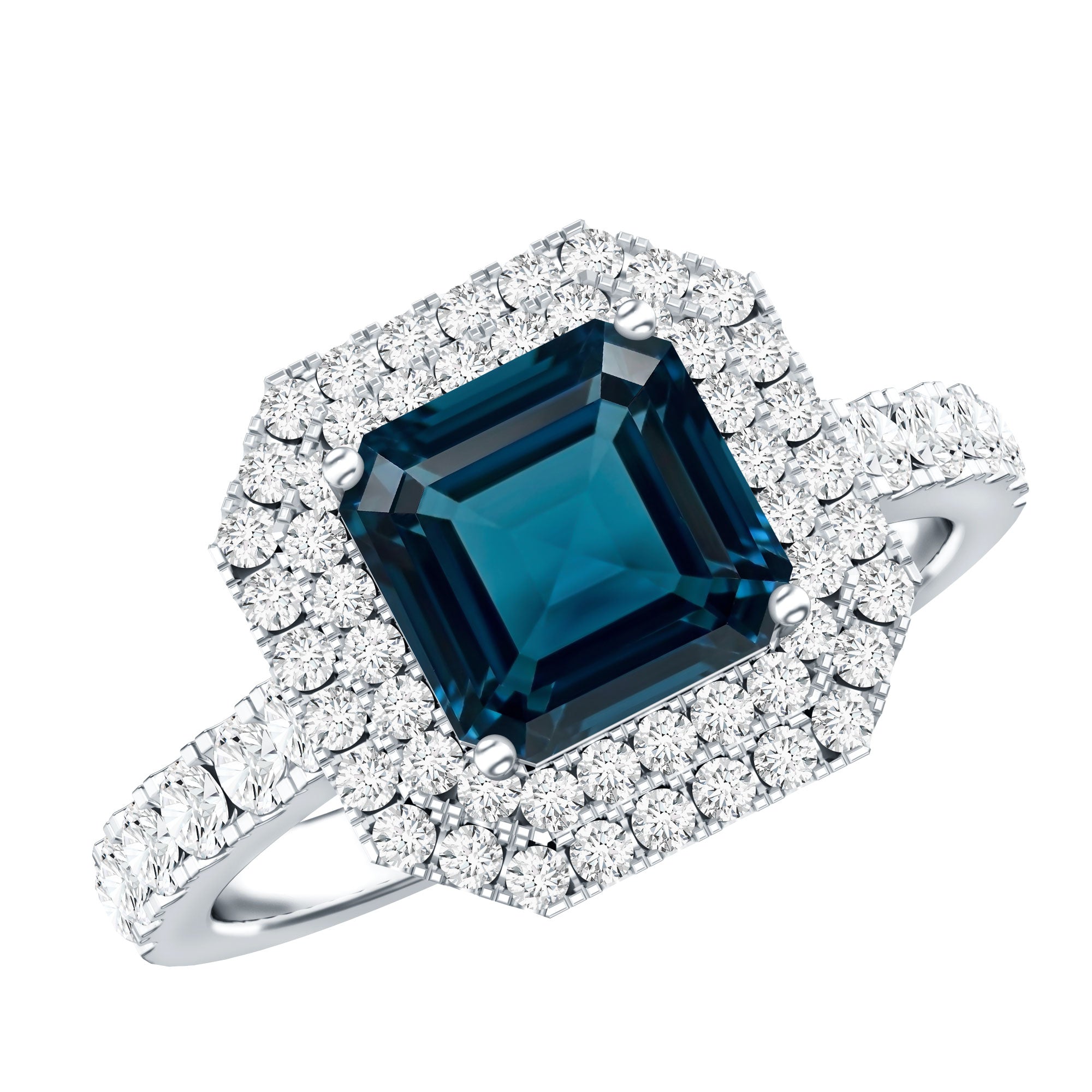 3 Carat Asscher Cut London Blue Topaz Engagement Ring with Double Halo AAA - Rosec Jewels