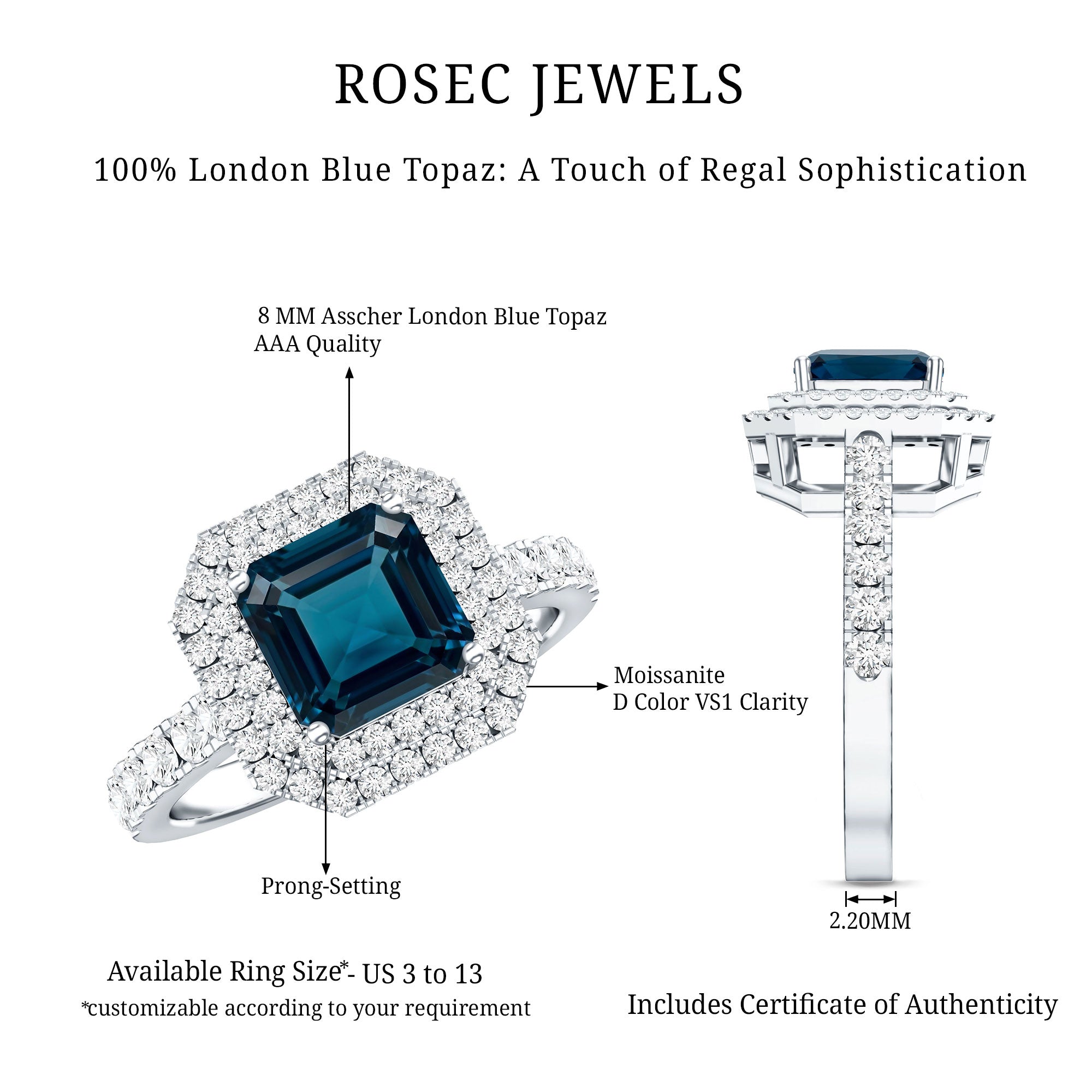 3 Carat Asscher Cut London Blue Topaz Engagement Ring with Double Halo AAA - Rosec Jewels