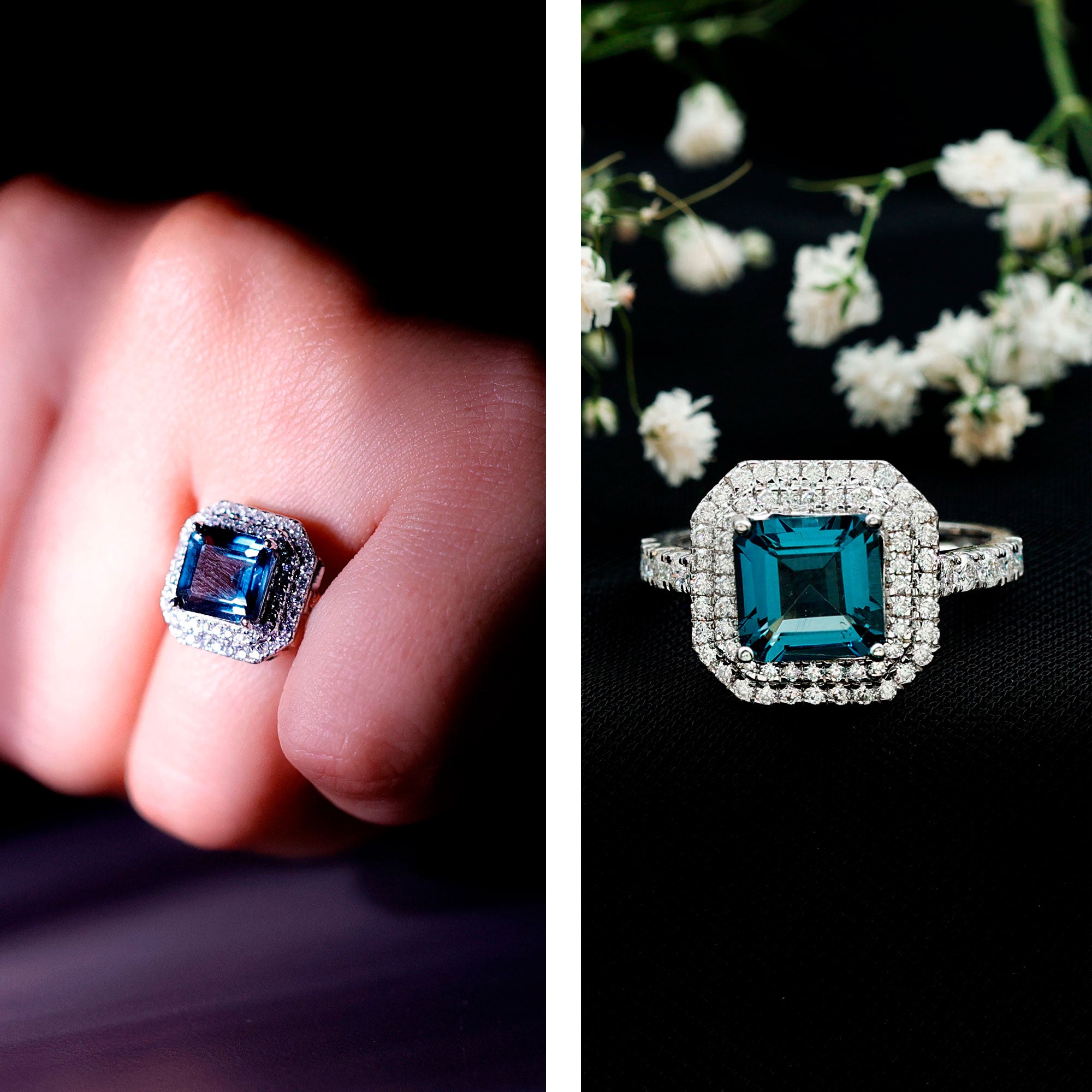 3 Carat Asscher Cut London Blue Topaz Engagement Ring with Double Halo AAA - Rosec Jewels