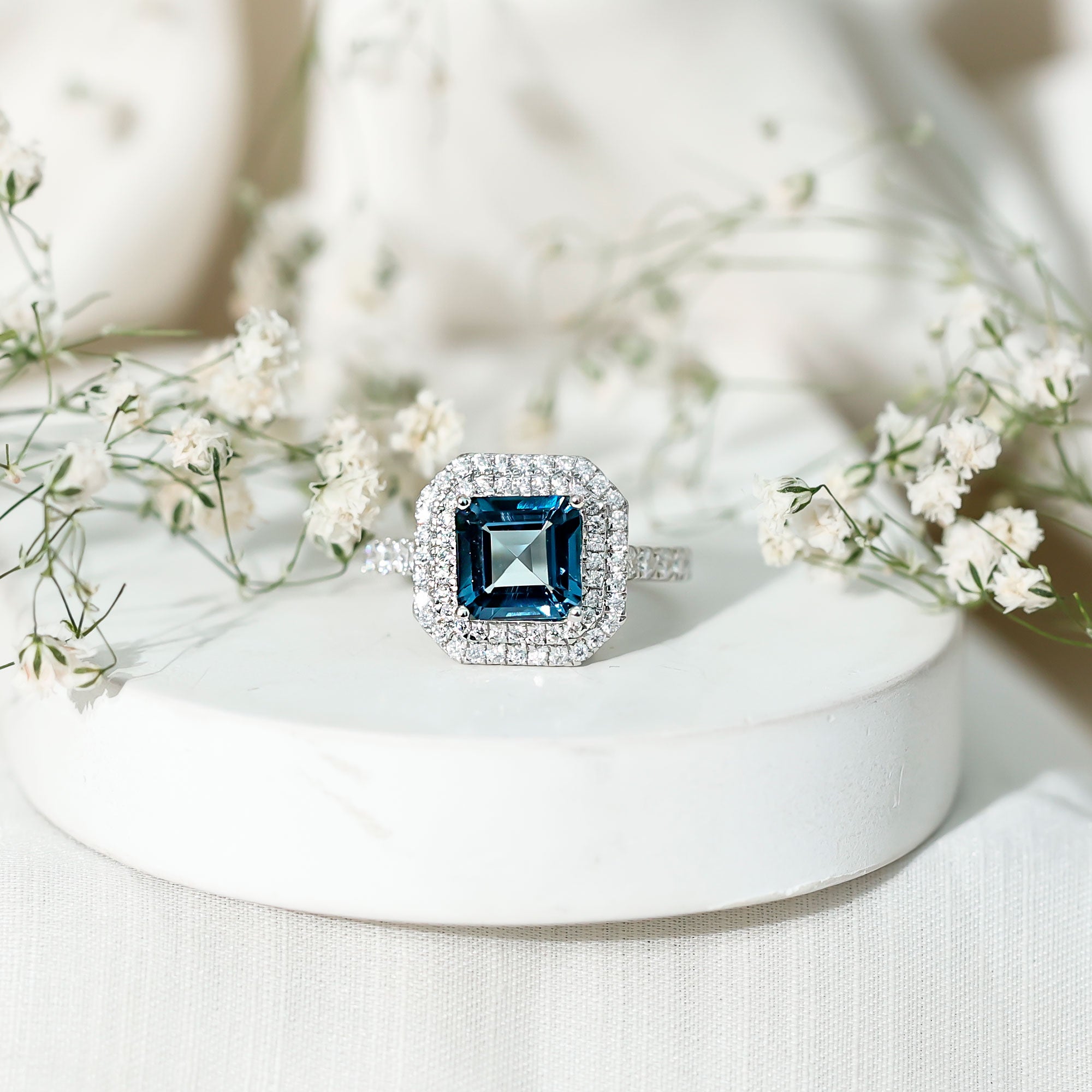 3 Carat Asscher Cut London Blue Topaz Engagement Ring with Double Halo AAA - Rosec Jewels