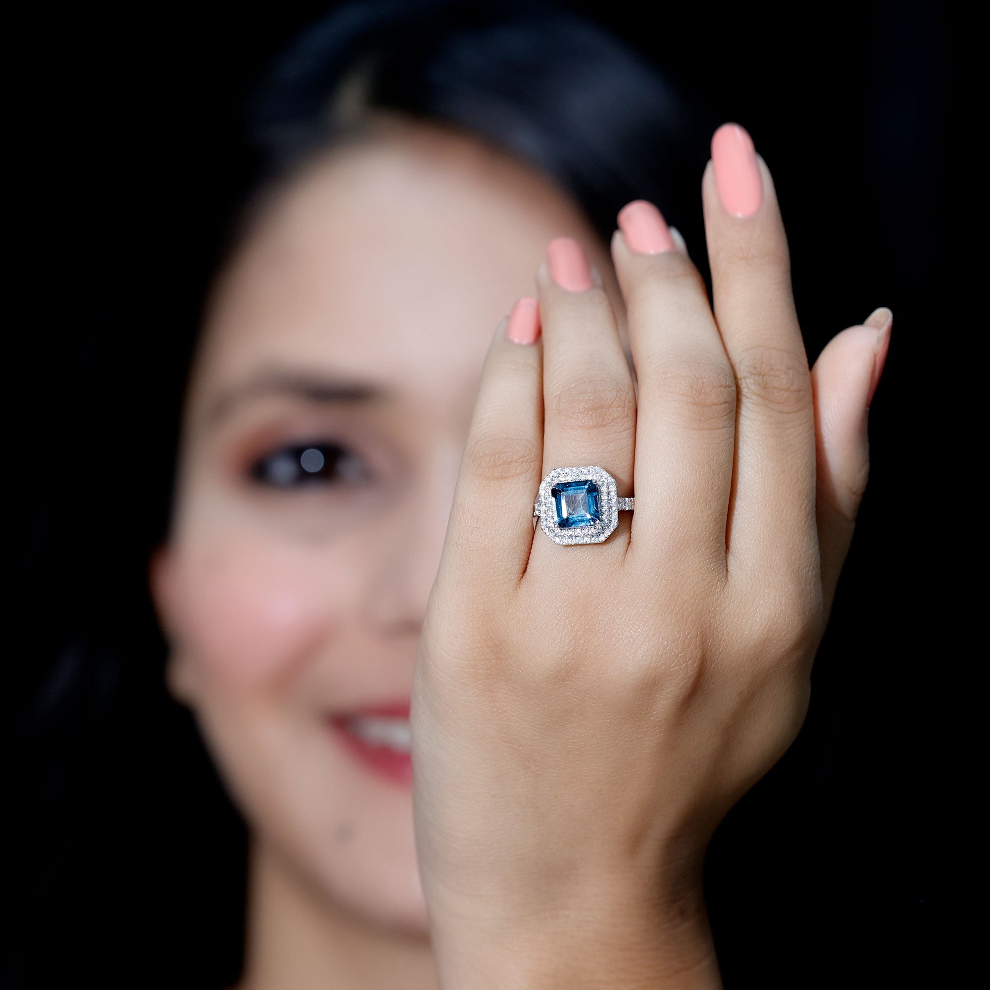 3 Carat Asscher Cut London Blue Topaz Engagement Ring with Double Halo AAA - Rosec Jewels