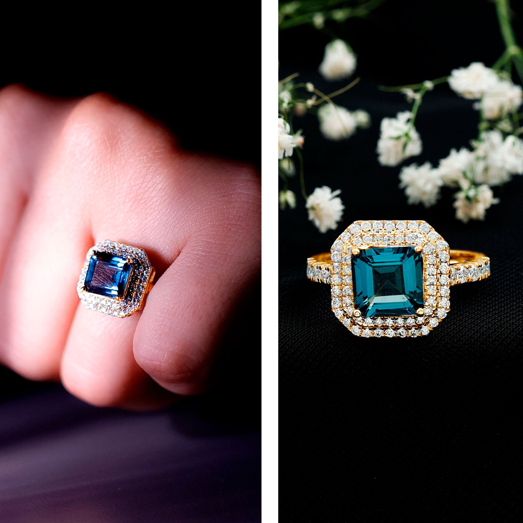 3 Carat Asscher Cut London Blue Topaz Engagement Ring with Double Halo AAA - Rosec Jewels