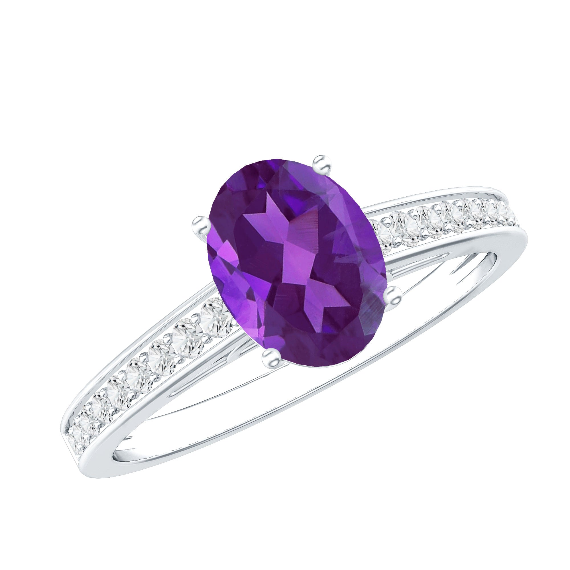 Real 1 Carat Oval Amethyst Solitaire Engagement Ring with Diamond AAA - Rosec Jewels