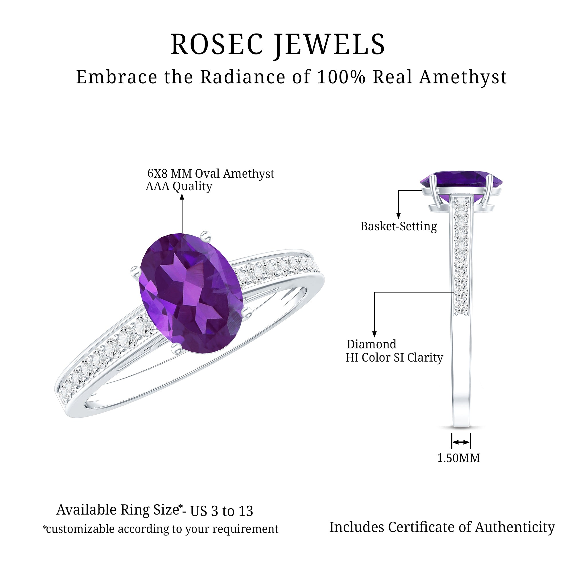 Real 1 Carat Oval Amethyst Solitaire Engagement Ring with Diamond AAA - Rosec Jewels