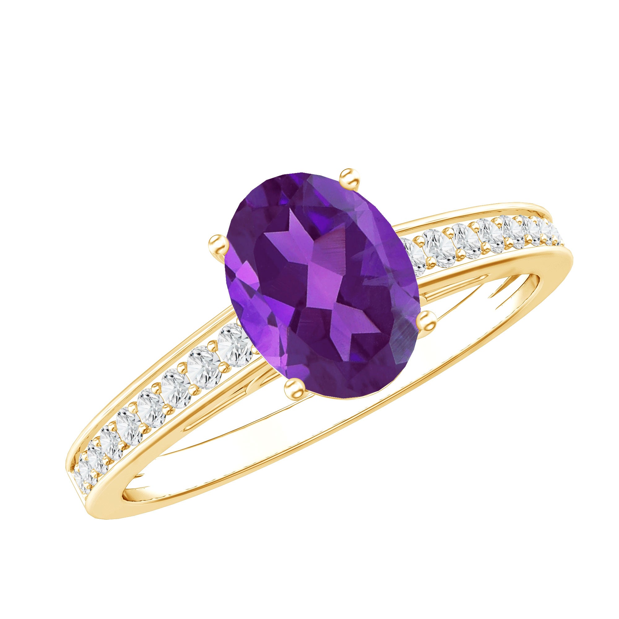 Real 1 Carat Oval Amethyst Solitaire Engagement Ring with Diamond AAA - Rosec Jewels