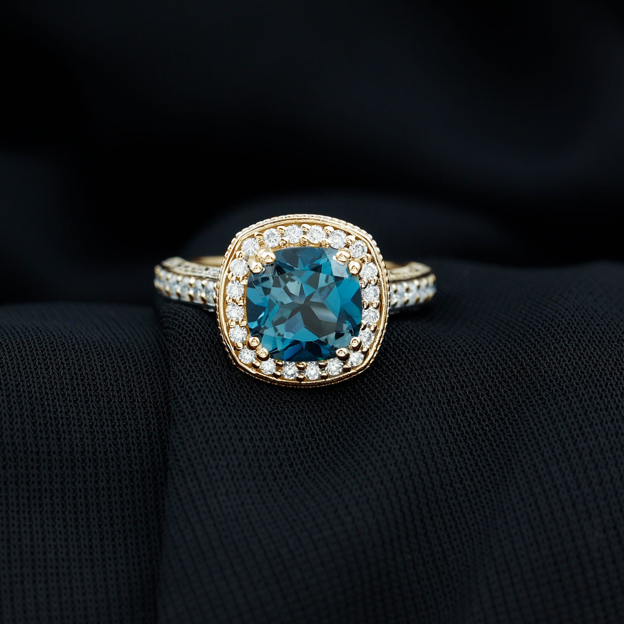8mm Cushion Cut London Blue Topaz Vintage Inspired Ring with Diamond Halo AAA - Rosec Jewels