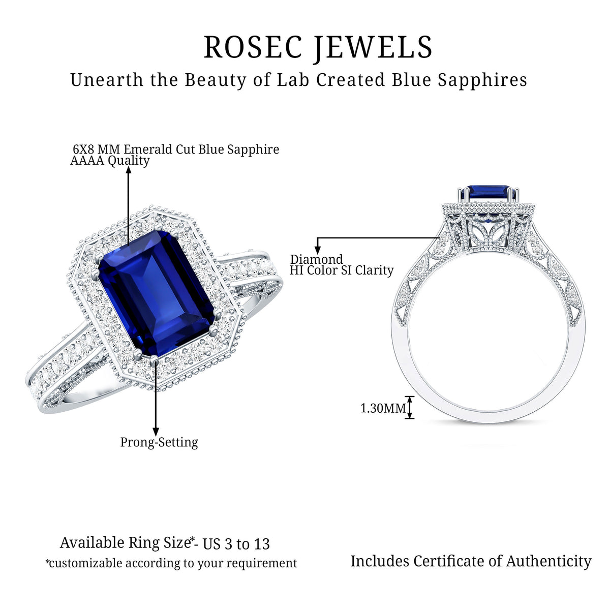 Certified 1.7 Carat Lab Grown Blue Sapphire Emerald Cut Engagement Ring with Diamond Halo AAAA - Rosec Jewels