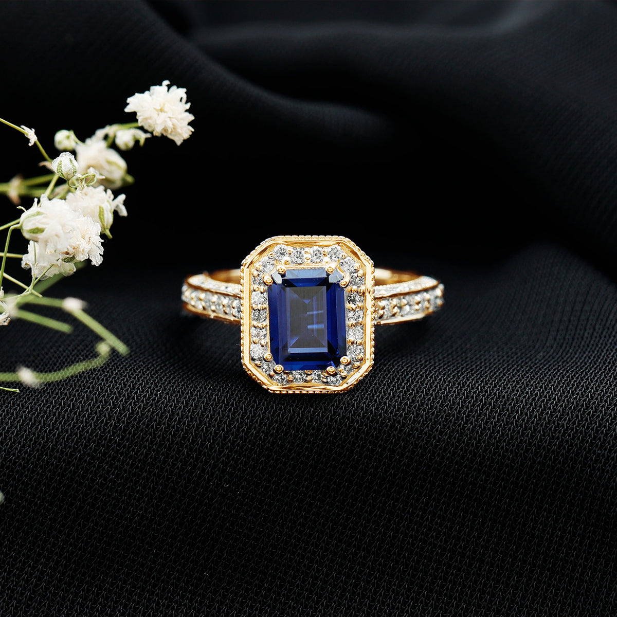 Certified 1.7 Carat Lab Grown Blue Sapphire Emerald Cut Engagement Ring with Diamond Halo AAAA - Rosec Jewels