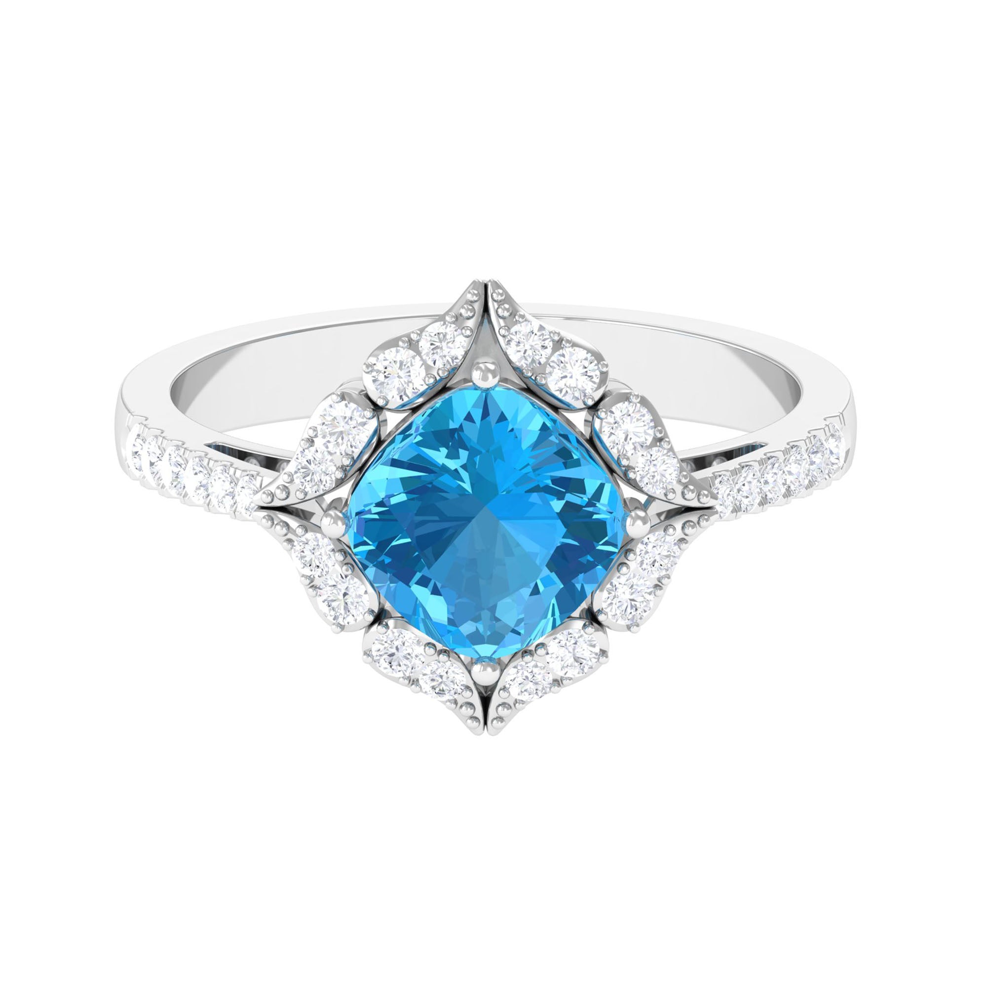 7 MM Art Deco Cushion Cut Swiss Blue Topaz Solitaire with Diamond Side Stone Ring