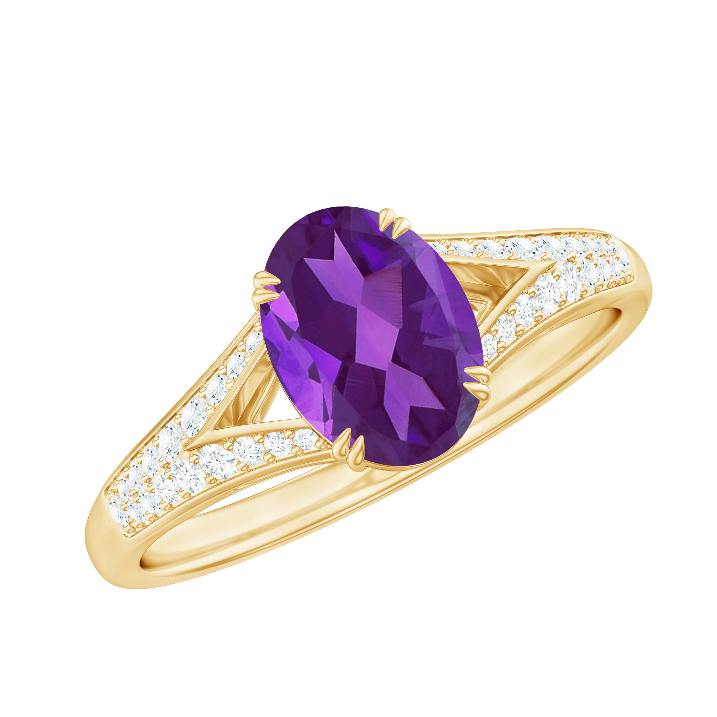 1.25 CT Split Shank Oval Amethyst Solitaire Engagement Ring with Diamond AAA - Rosec Jewels