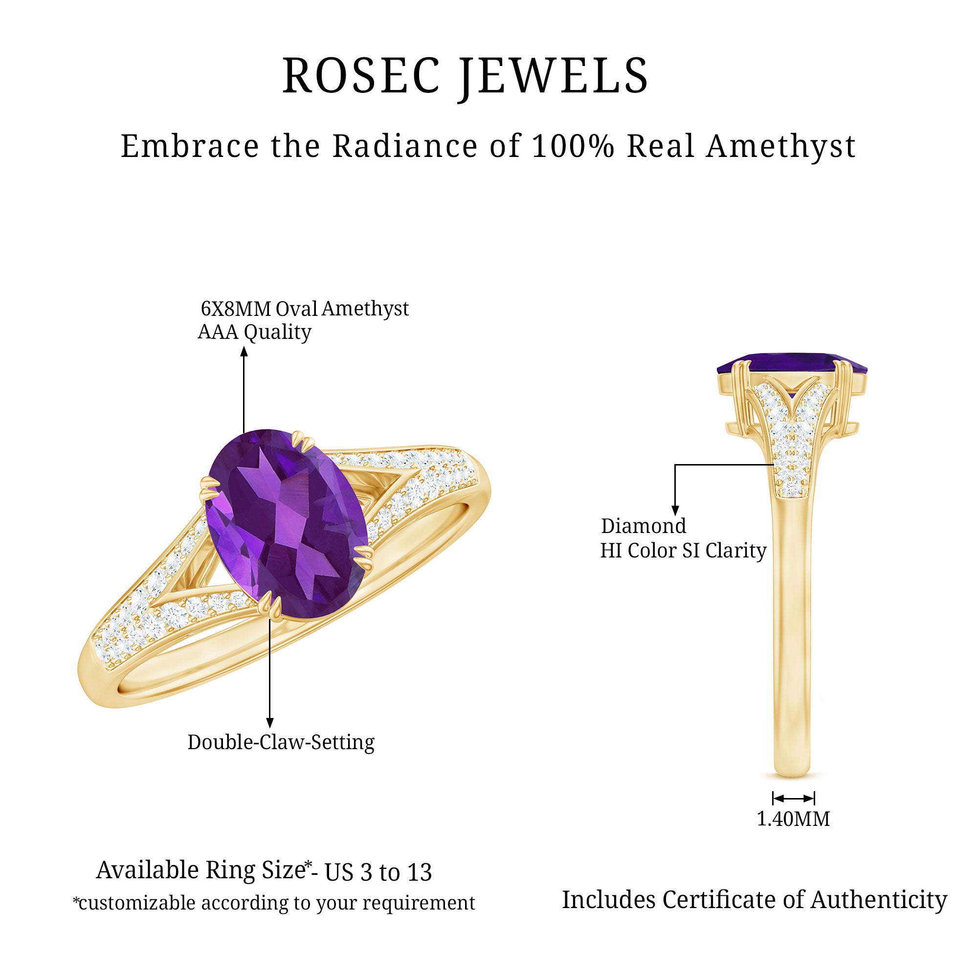 1.25 CT Split Shank Oval Amethyst Solitaire Engagement Ring with Diamond AAA - Rosec Jewels