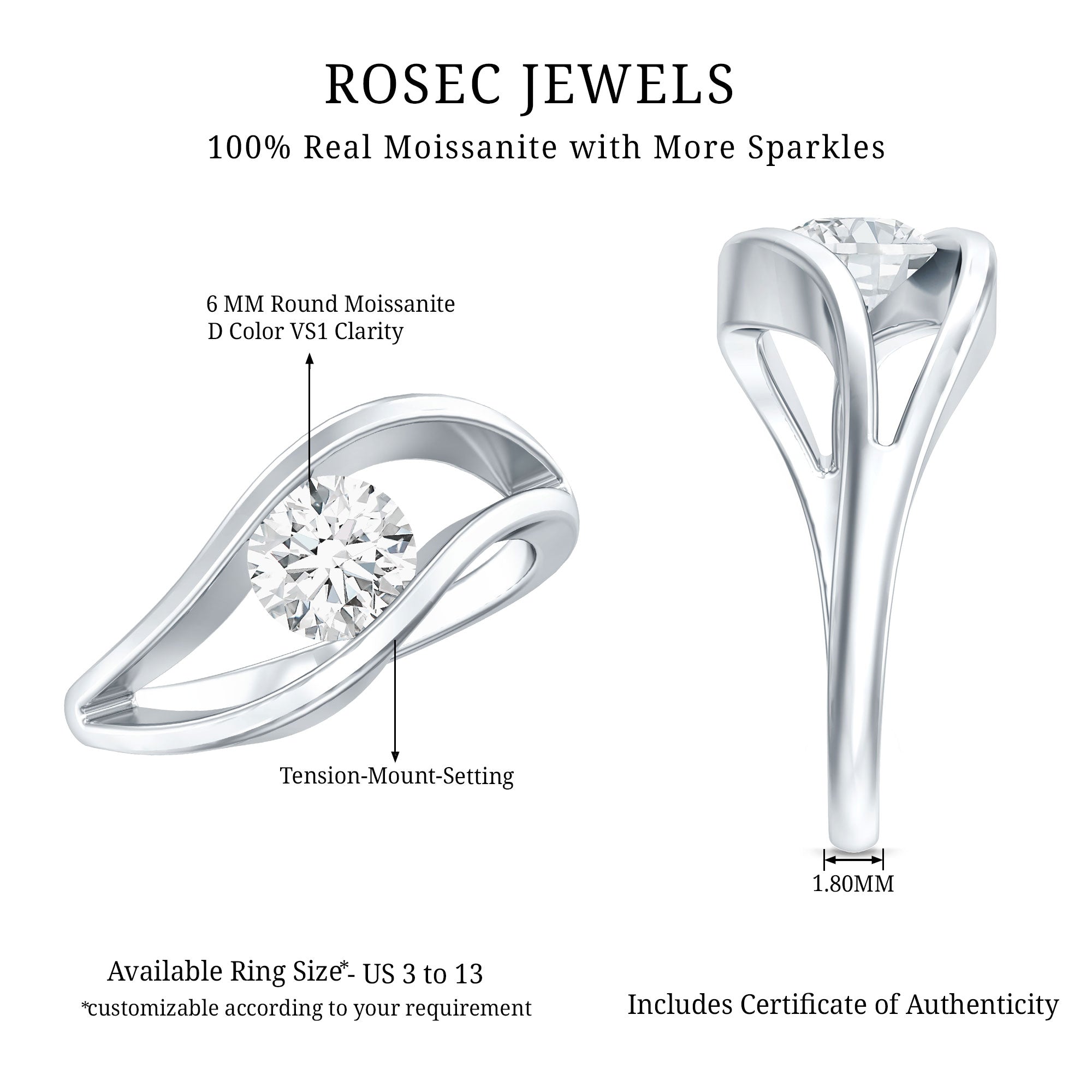 Certified 6 MM Round Moissanite Solitaire Ring with Tension Setting D-VS1 - Rosec Jewels