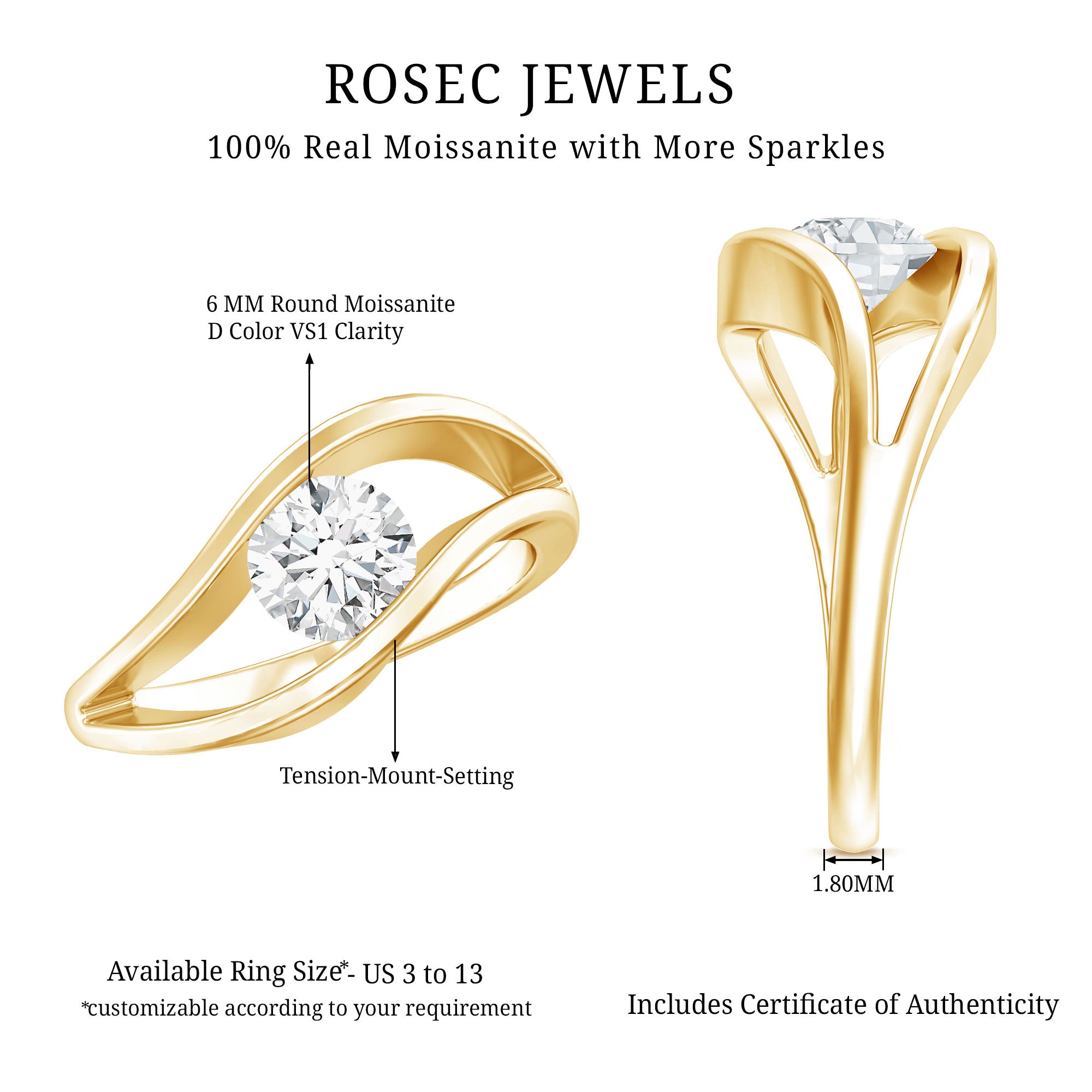 Certified 6 MM Round Moissanite Solitaire Ring with Tension Setting D-VS1 - Rosec Jewels