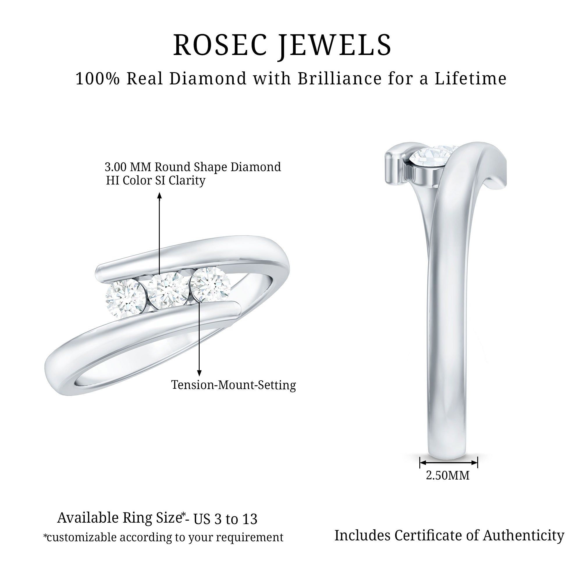 Certified Diamond Three Stone Promise Ring Natural - ( HI-SI ) - Rosec Jewels