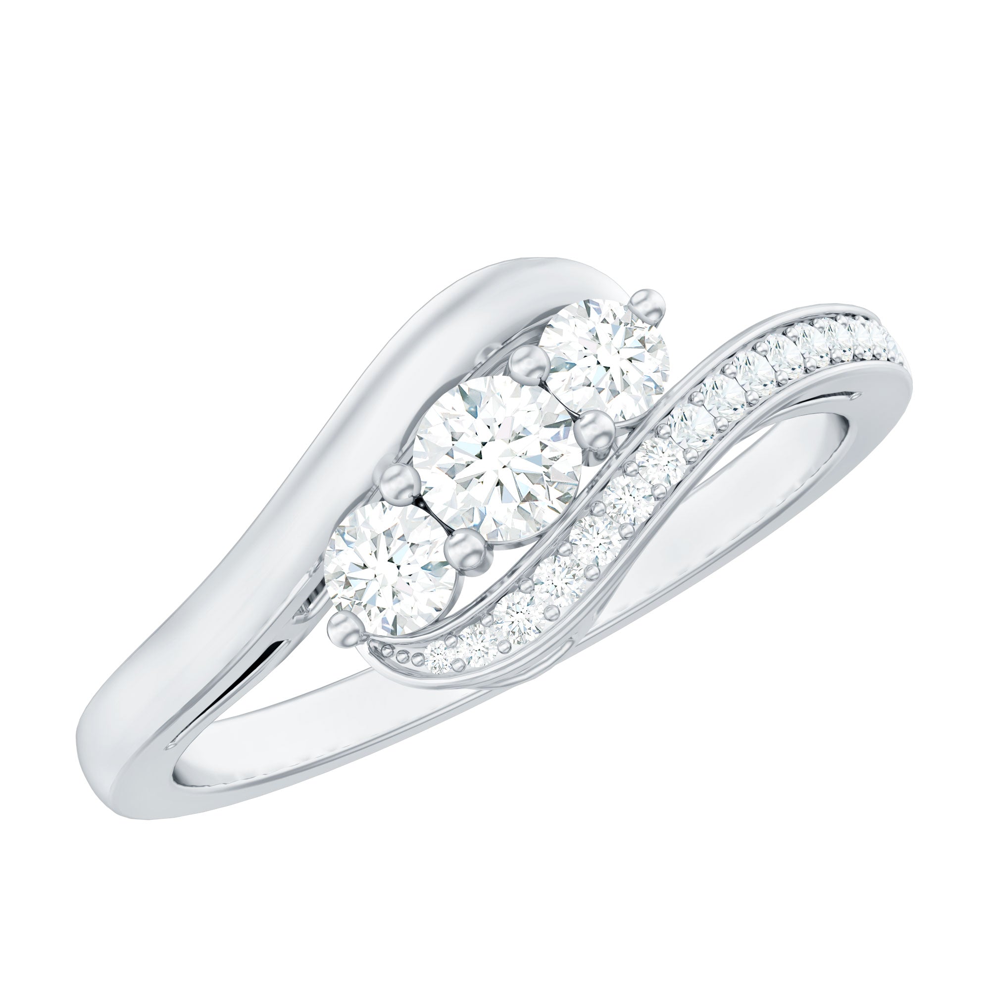 Certified Moissanite Three Stone Engagement Ring with Bypass Shank