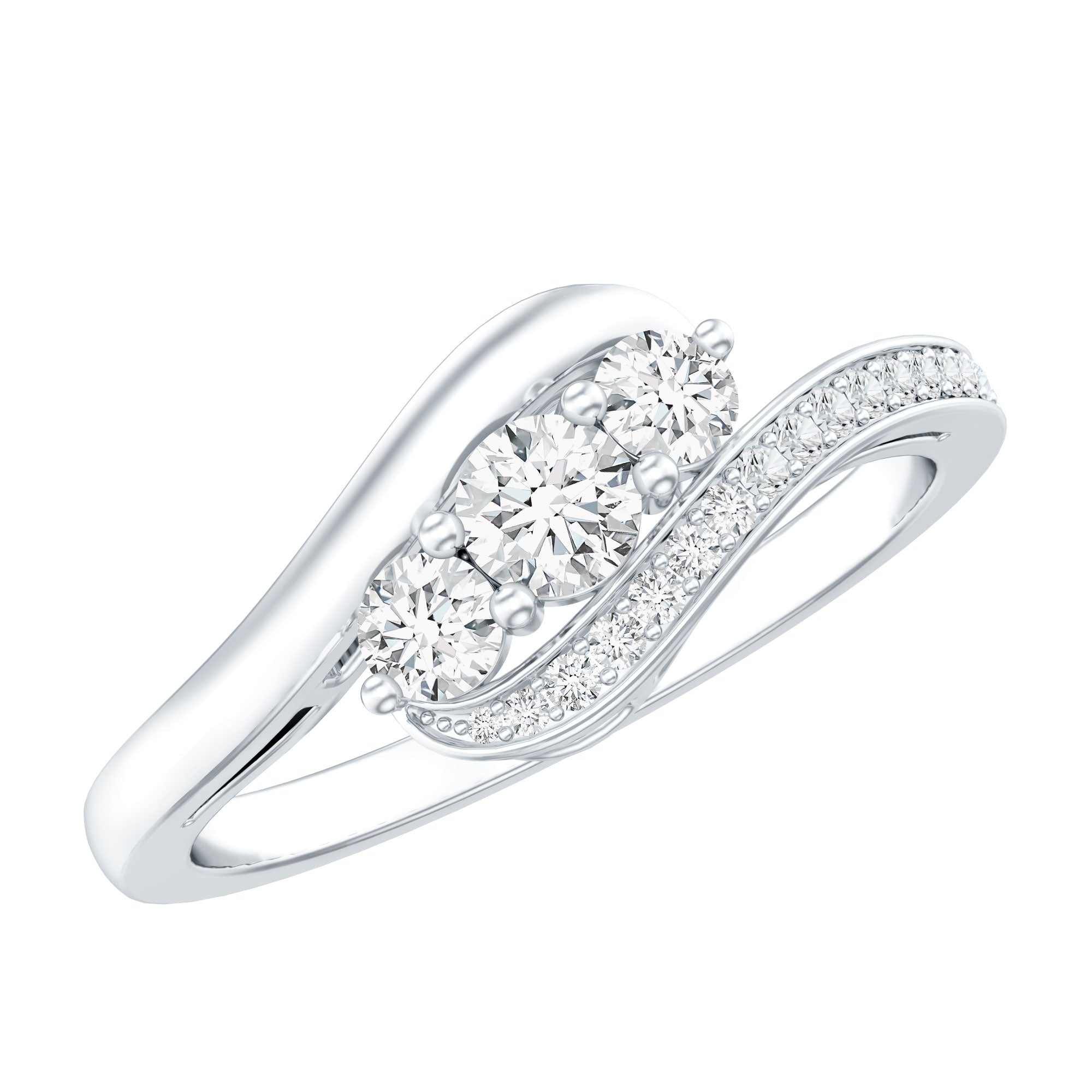 Certified Moissanite Three Stone Engagement Ring with Bypass Shank D-VS1 - Rosec Jewels