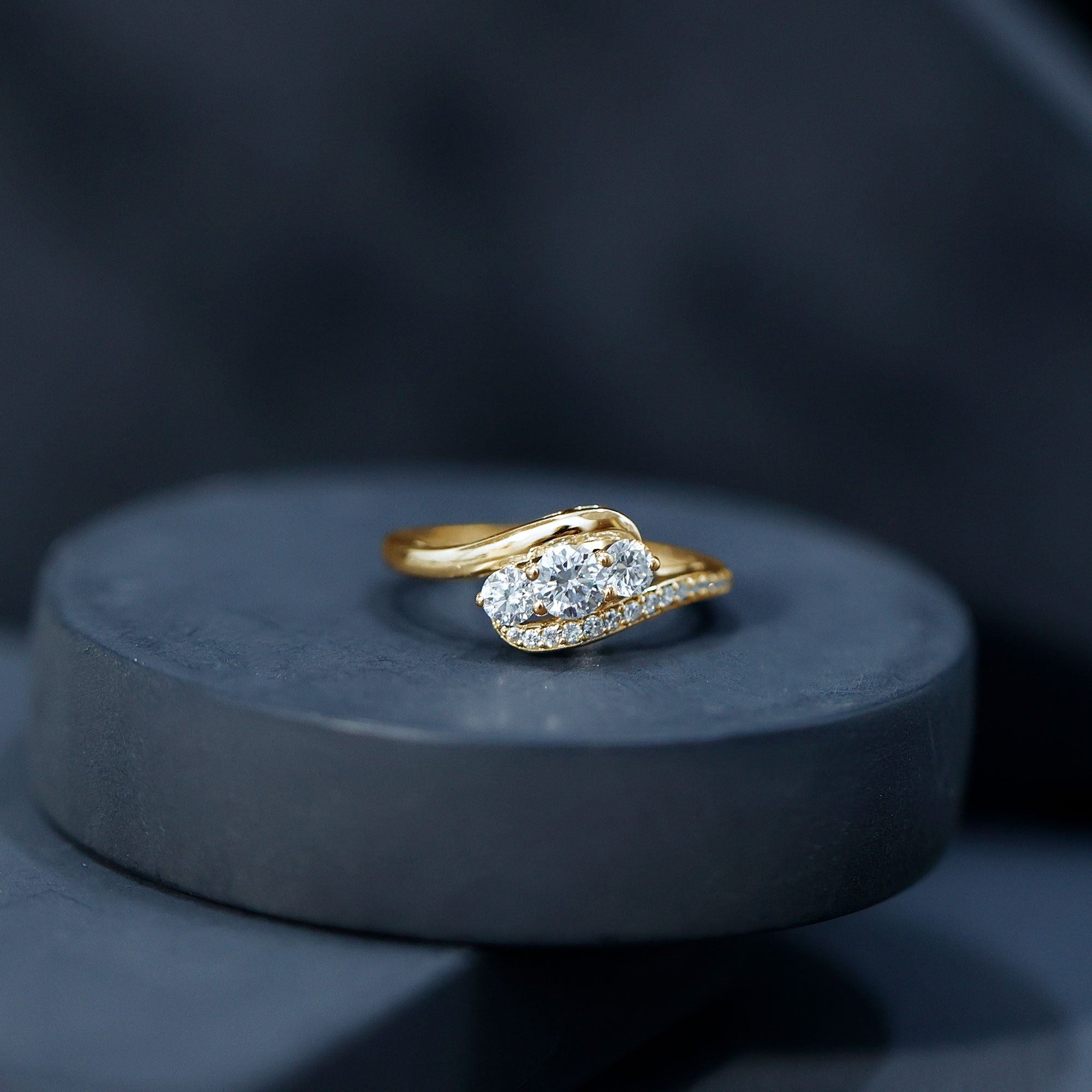 Certified Moissanite Three Stone Engagement Ring with Bypass Shank D-VS1 - Rosec Jewels